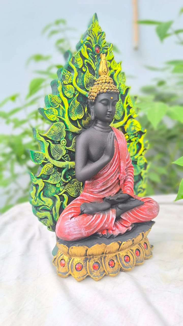 14 Inch Buddha Statue with Leaf Back Design | Resin Meditation Buddha Idol for Home Decor & Gifting