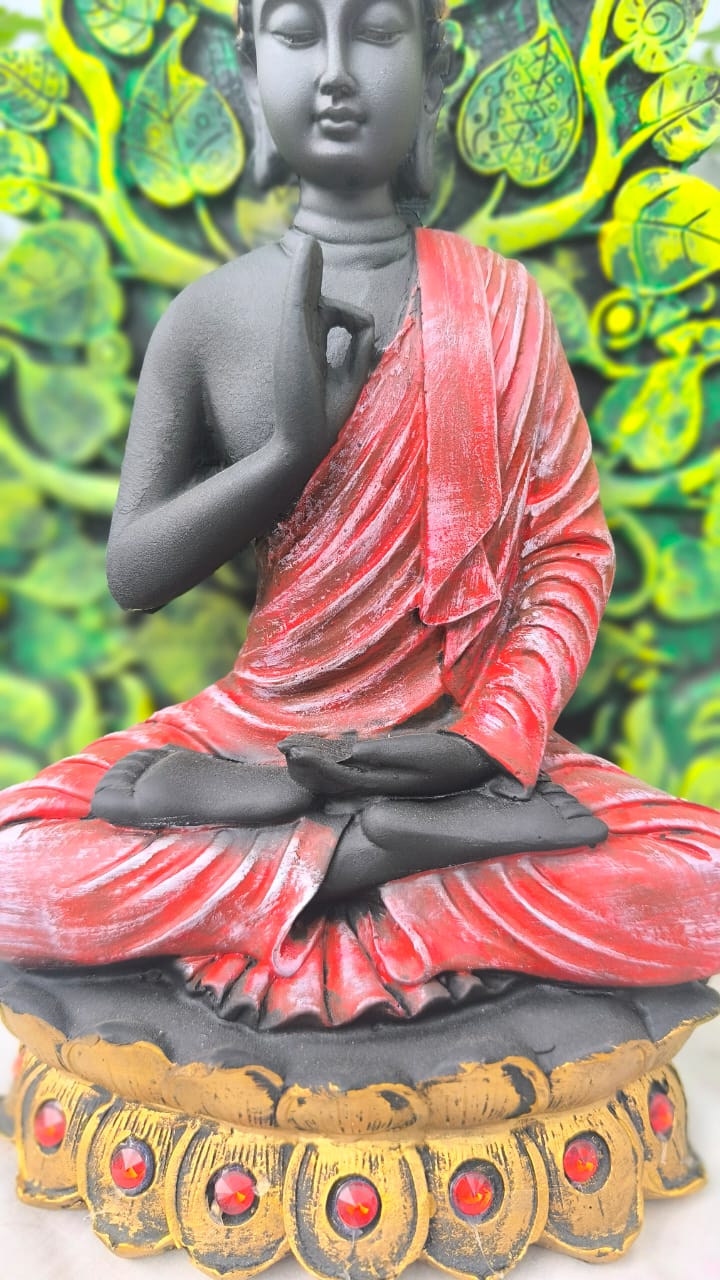 14 Inch Buddha Statue with Leaf Back Design | Resin Meditation Buddha Idol for Home Decor & Gifting