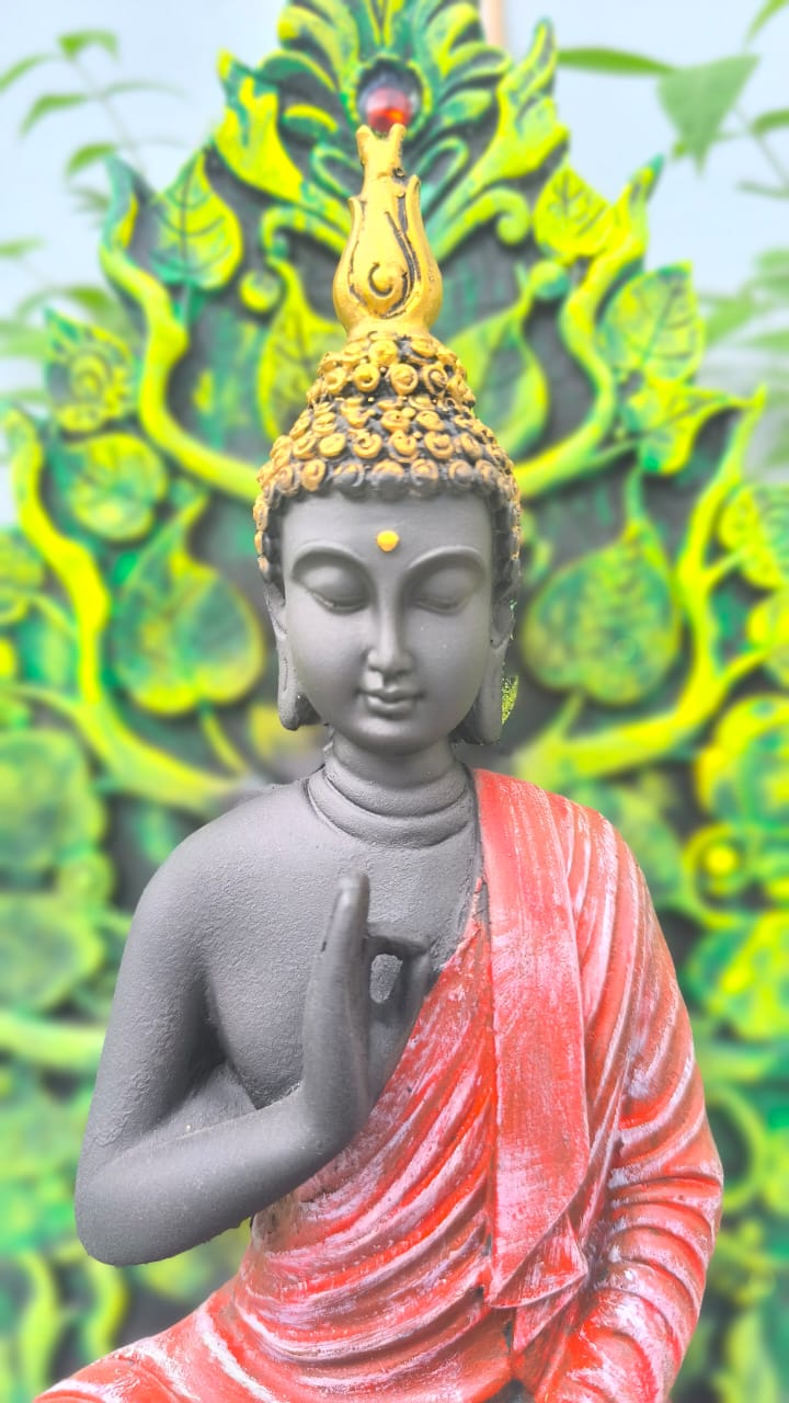 14 Inch Buddha Statue with Leaf Back Design | Resin Meditation Buddha Idol for Home Decor & Gifting