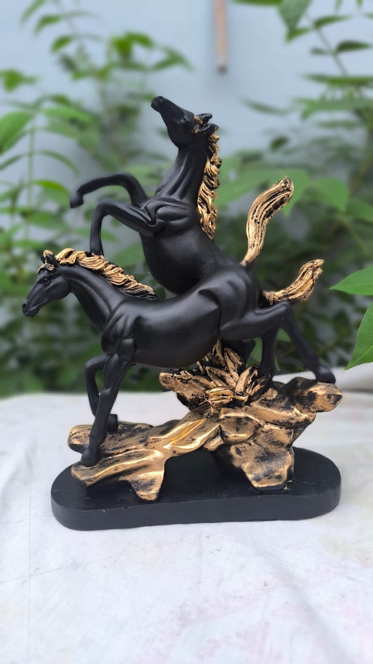 11 Inch Double Horse Showpiece | Black & Gold Running Horse Statue for Home Decor, Office Table & Gift Item