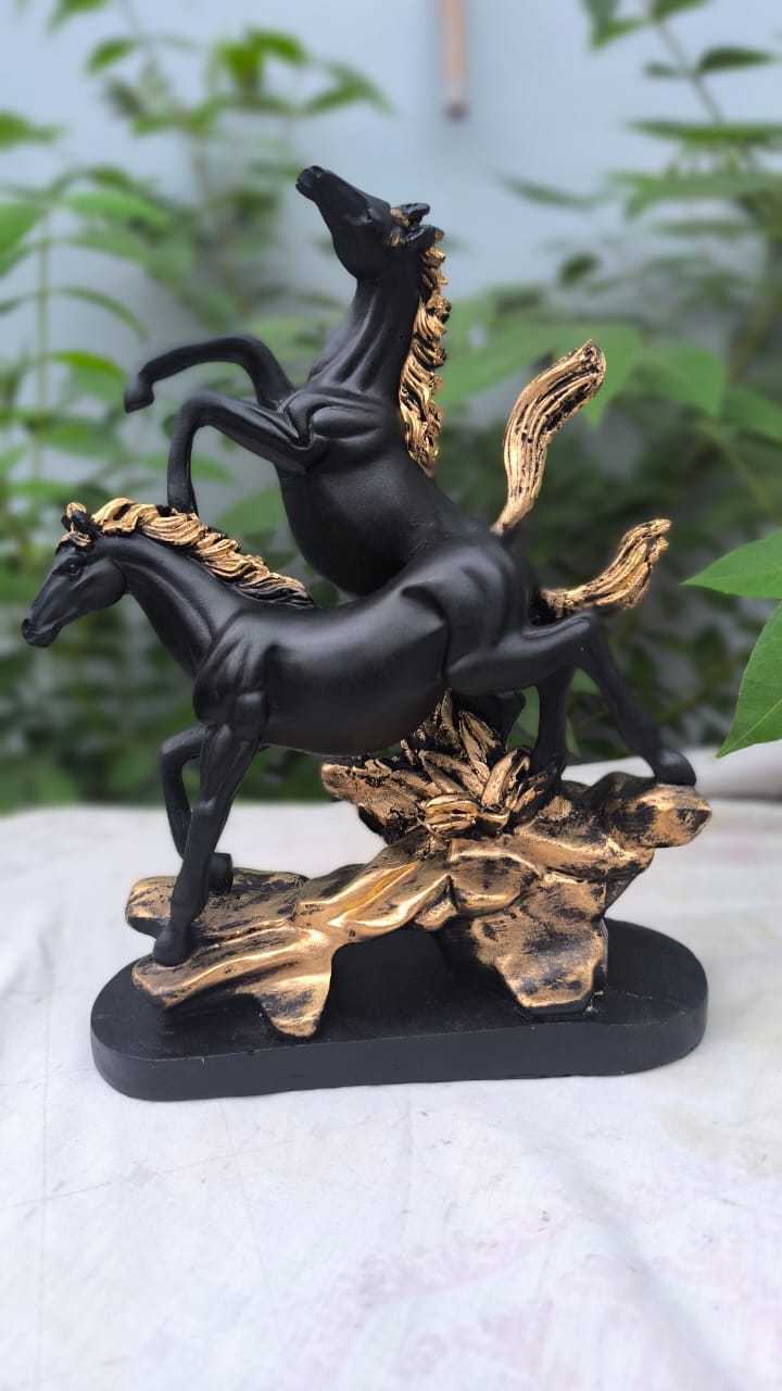 11 Inch Double Horse Showpiece | Black & Gold Running Horse Statue for Home Decor, Office Table & Gift Item