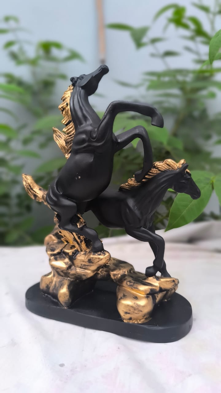 11 Inch Double Horse Showpiece | Black & Gold Running Horse Statue for Home Decor, Office Table & Gift Item
