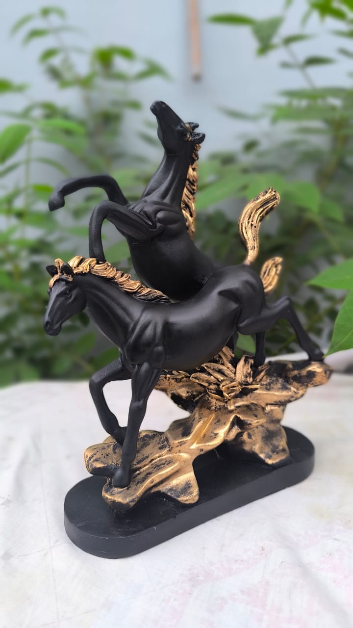 11 Inch Double Horse Showpiece | Black & Gold Running Horse Statue for Home Decor, Office Table & Gift Item