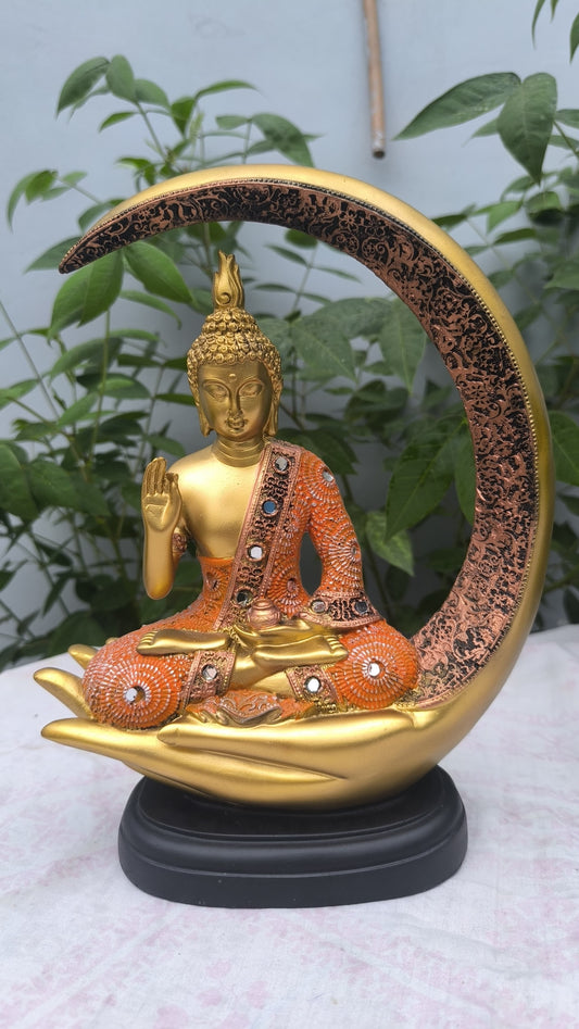 11 Inch Resin Buddha Idol in Hand Cradle with Moon Arc | Orange & Golden Decorative Buddha Statue for Home, Mandir & Gift"