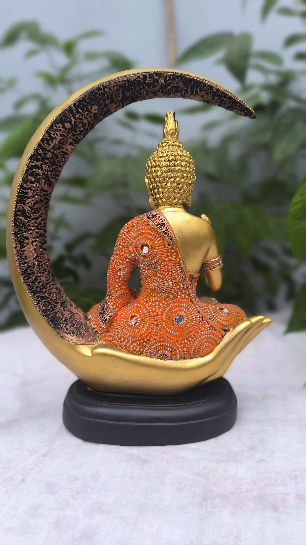 11 Inch Resin Buddha Idol in Hand Cradle with Moon Arc | Orange & Golden  Buddha Statue for Home & Gift