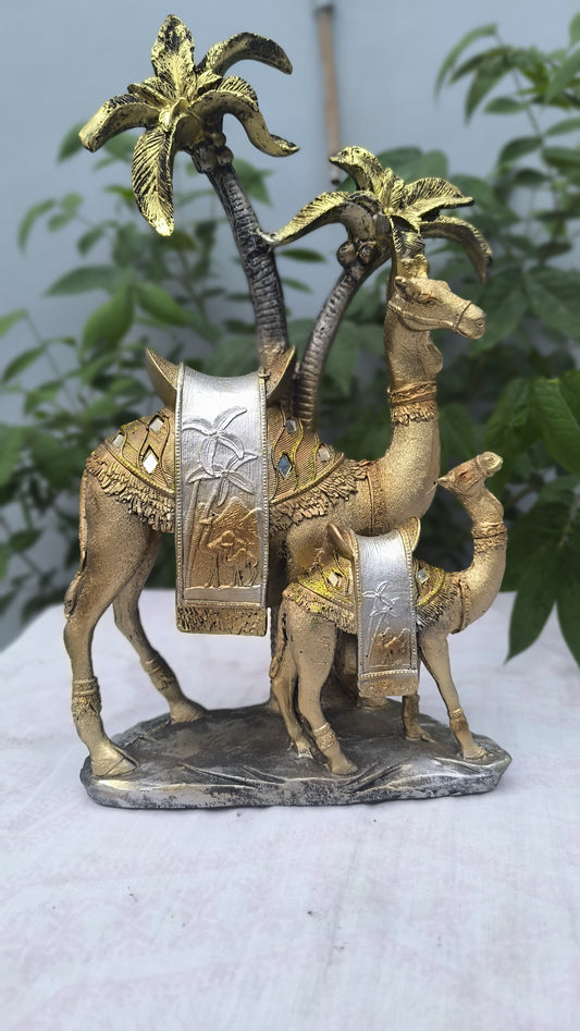 16.5 Inch Decorative 2 Camel Showpiece with Palm Tree | Antique Gold Desert Camel Statue for Home Decor & Gifting
