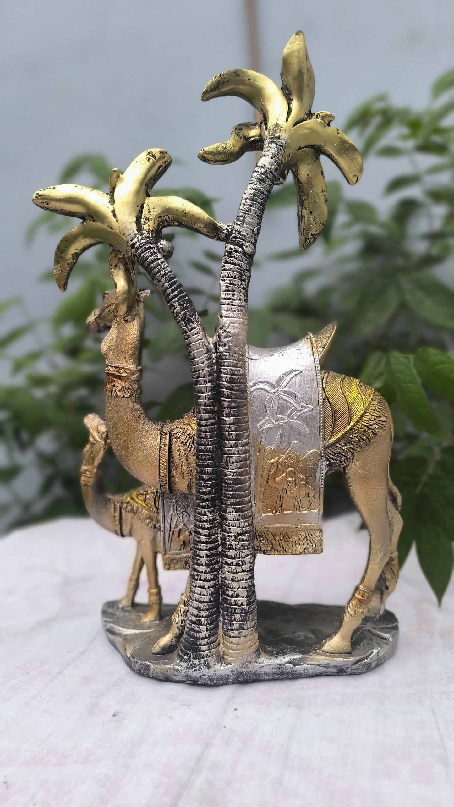 16.5 Inch Decorative 2 Camel Showpiece with Palm Tree | Antique Gold Desert Camel Statue for Home Decor & Gifting