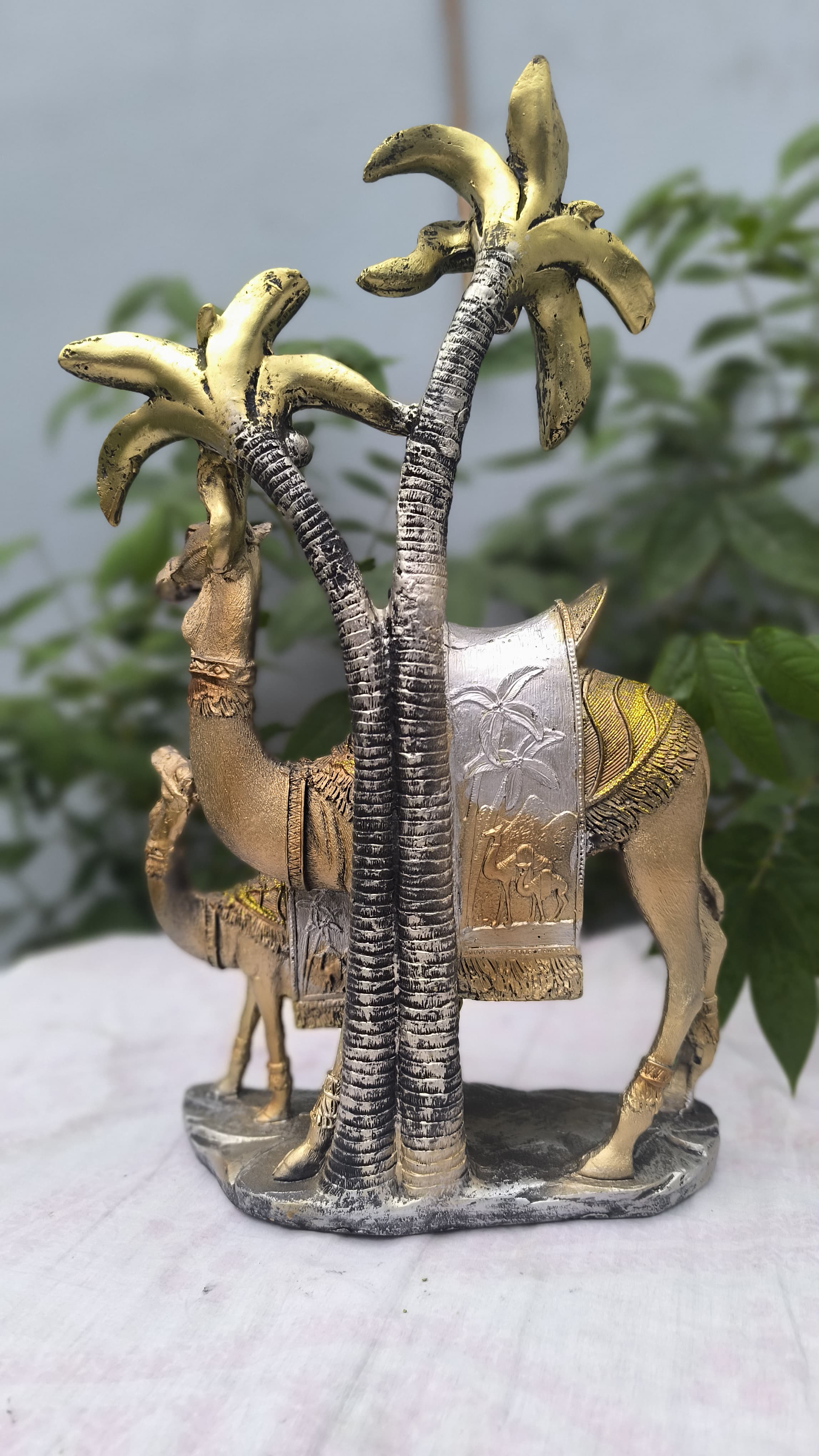 16.5 Inch  2 Camel Showpiece with Palm Tree | Antique Gold  Camel Statue for Home Decors & Gifting |