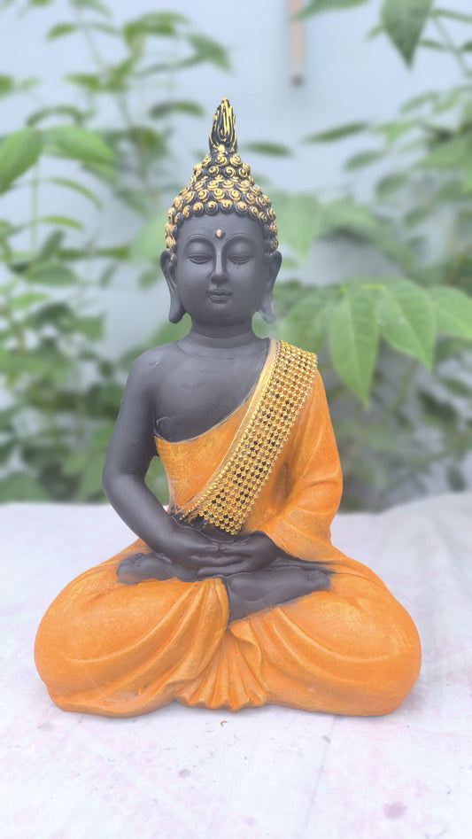 11 Inch Resin Buddha Idol for Home Decor | Black & Orange Meditating Buddha Statue for Mandir, Office & Gift Purpose