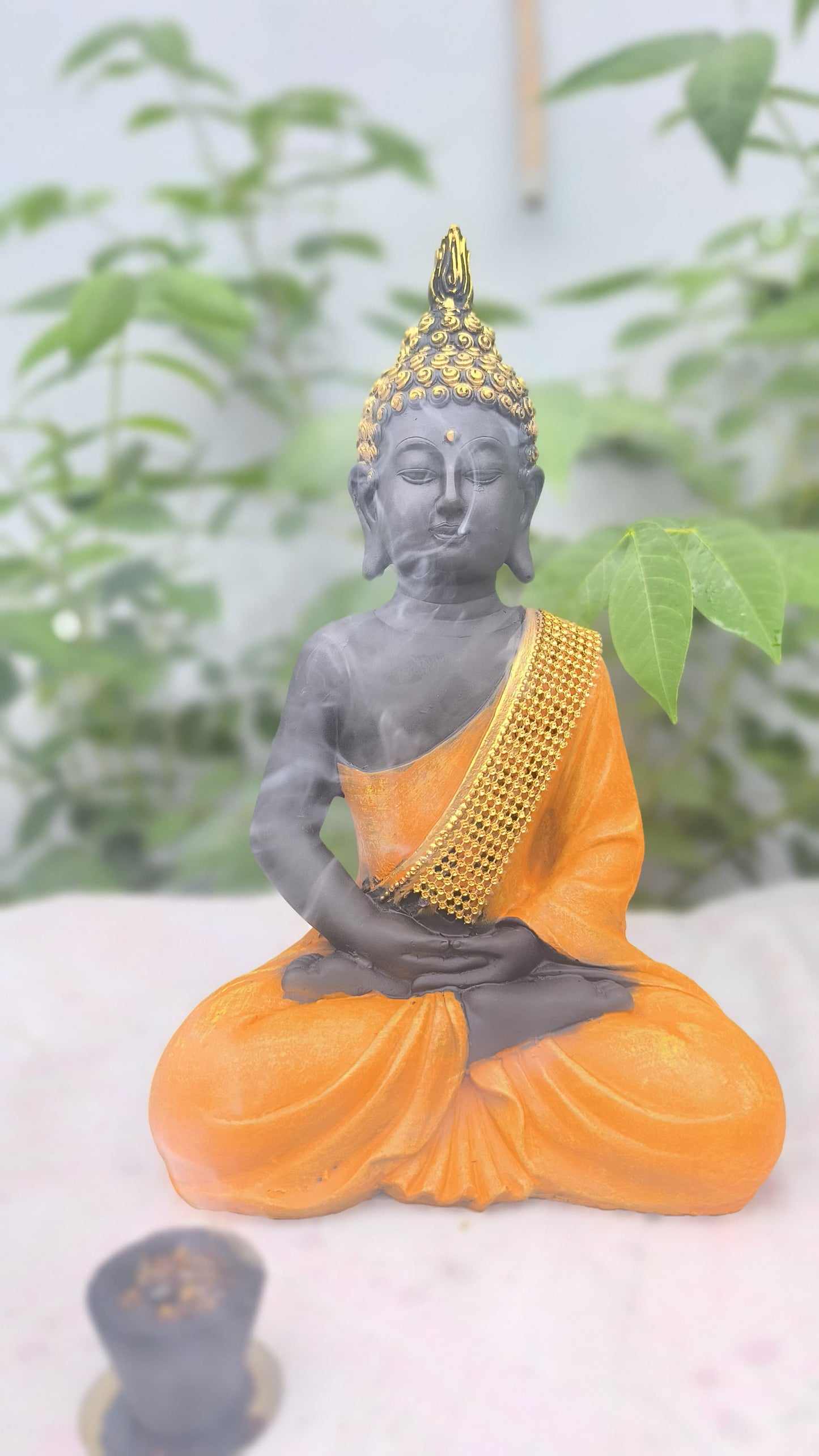 11 Inch Resin Buddha Idol for Home Decor | Black & Orange Meditating Buddha Statue for Mandir, Office & Gift Purpose