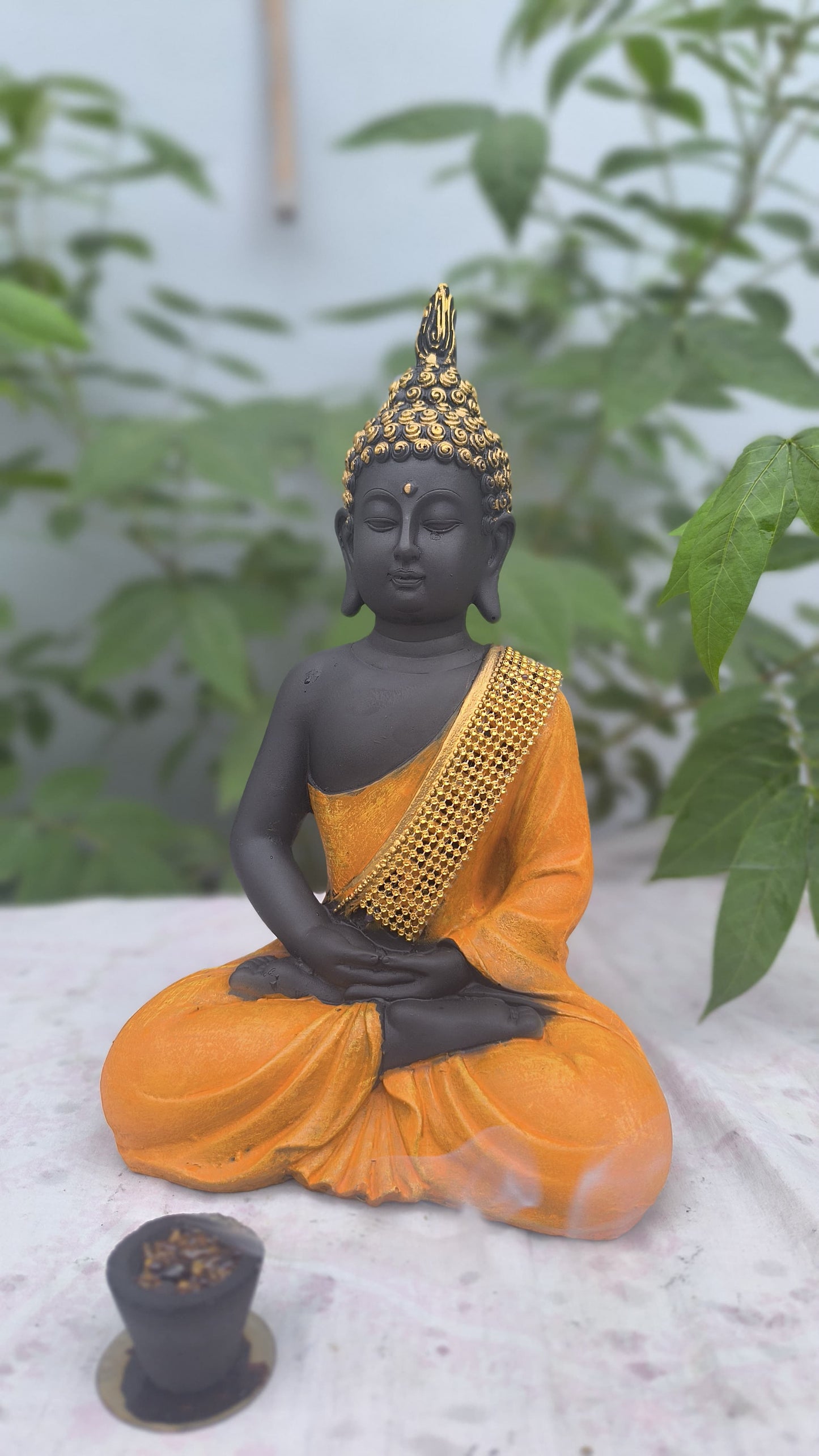 11 Inch Resin Buddha Idol for Home Decor | Black & Orange Meditating Buddha Statue for Mandir, Office & Gift Purpose