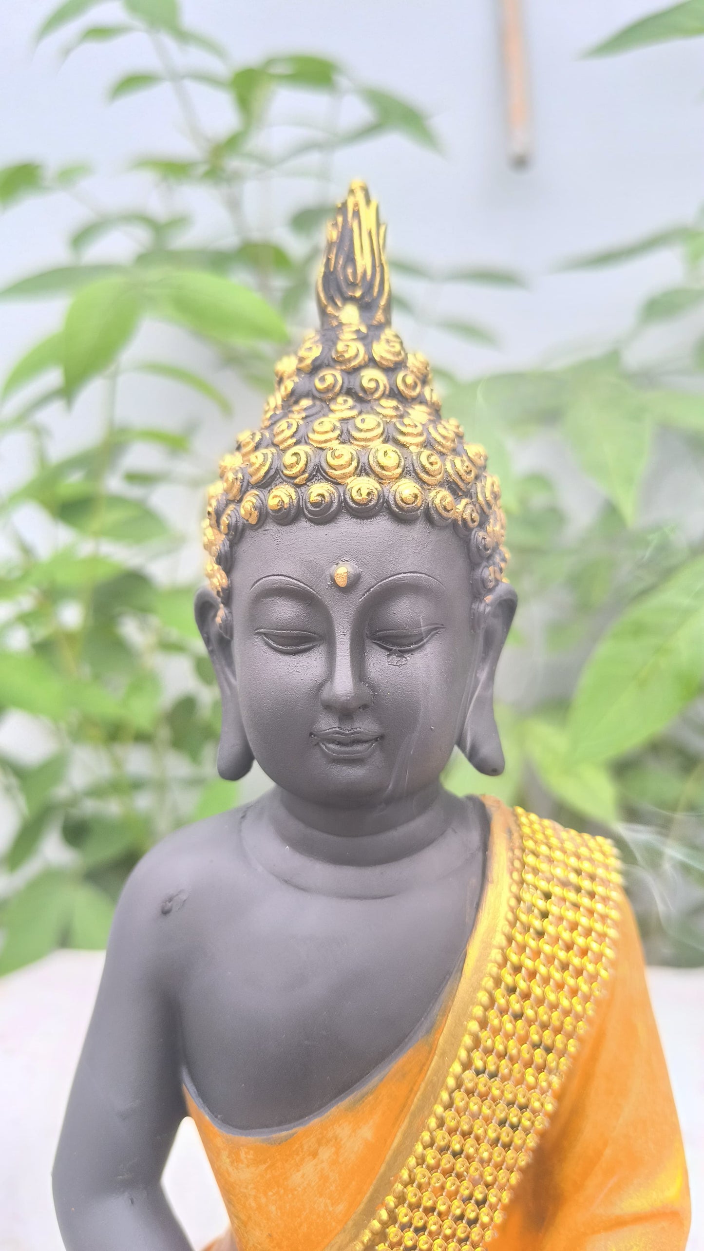 11 Inch Resin Buddha Idol for Home Decor | Black & Orange Meditating Buddha Statue for Mandir, Office & Gift Purpose