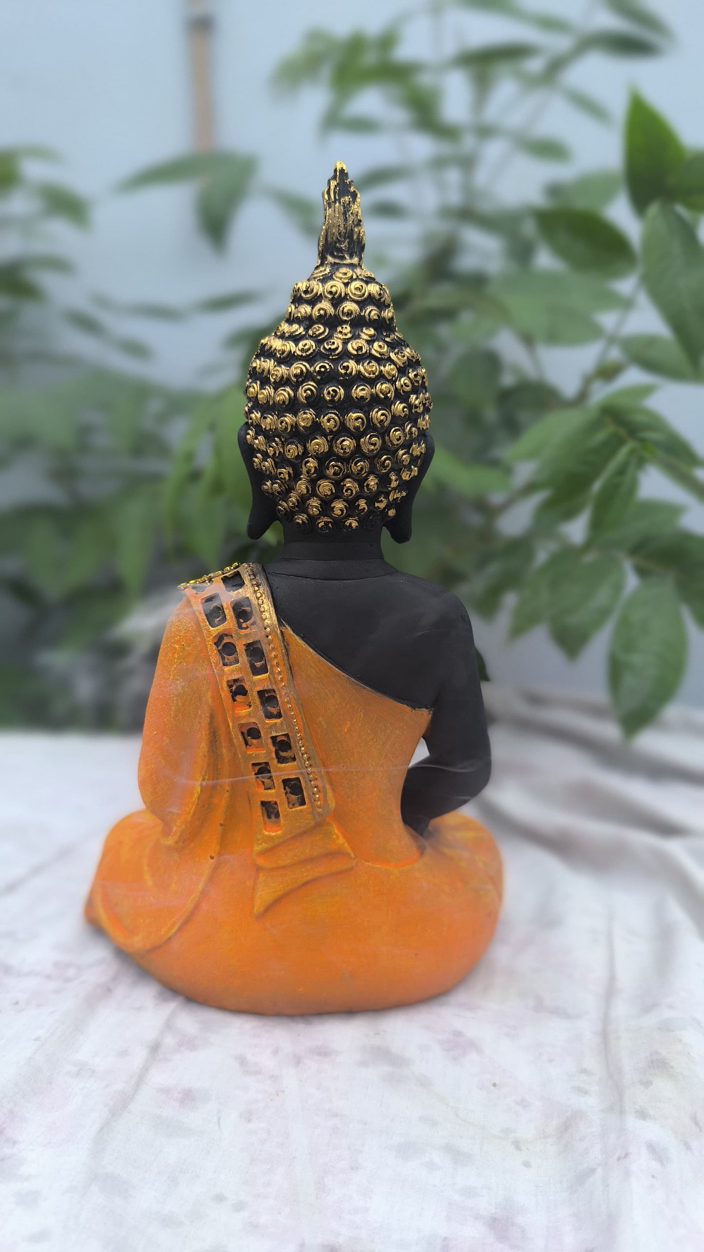 11 Inch Resin Buddha Idol for Home Decor | Black & Orange Meditating Buddha Statue for Mandir, Office & Gift Purpose