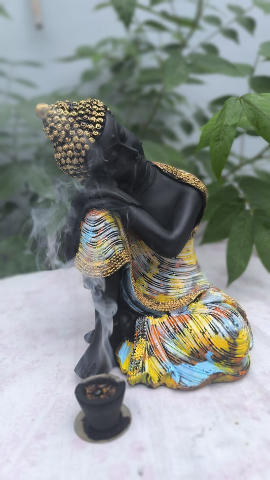 10 Inch Resin Resting Buddha Idol | Sleeping Buddha Statue for Home Decor, Meditation Corner & Gift | Multicolor Buddha Showpiece with Incense Holder