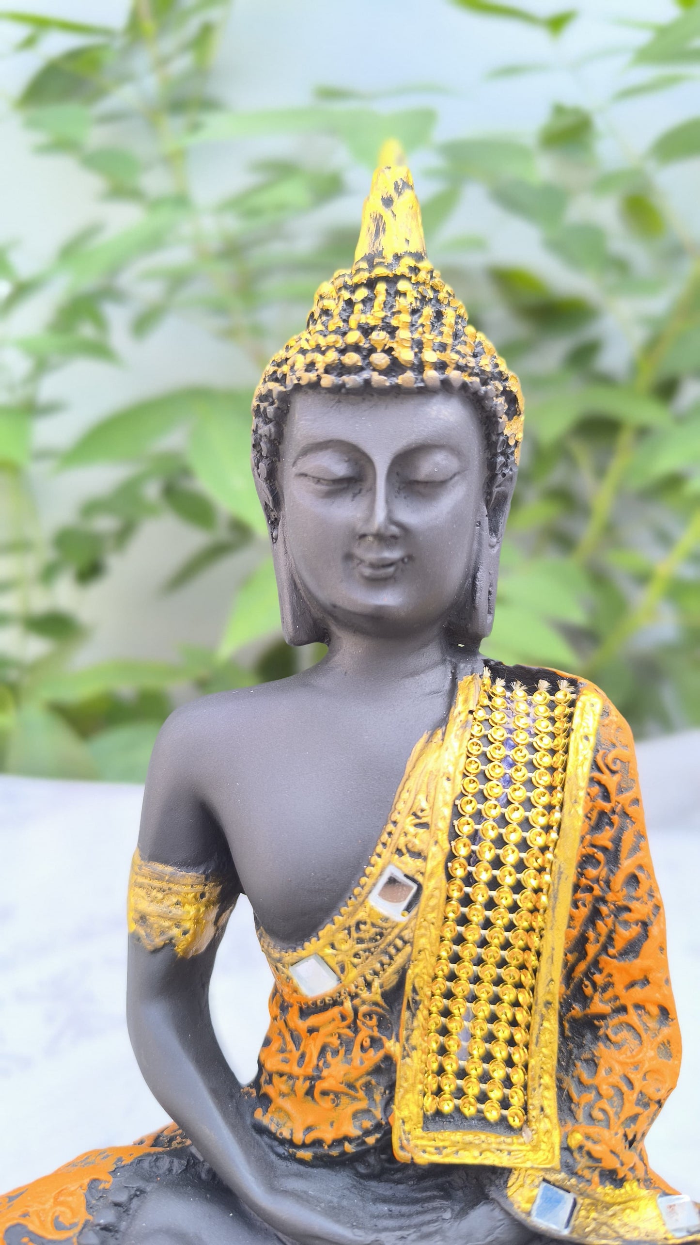 Resin Meditating 9 Inch Buddha Idol with Orange Golden Robe | Spiritual Buddha Statue for Home Decor, Office & Gift | Peaceful Showpiece for Meditation Corner