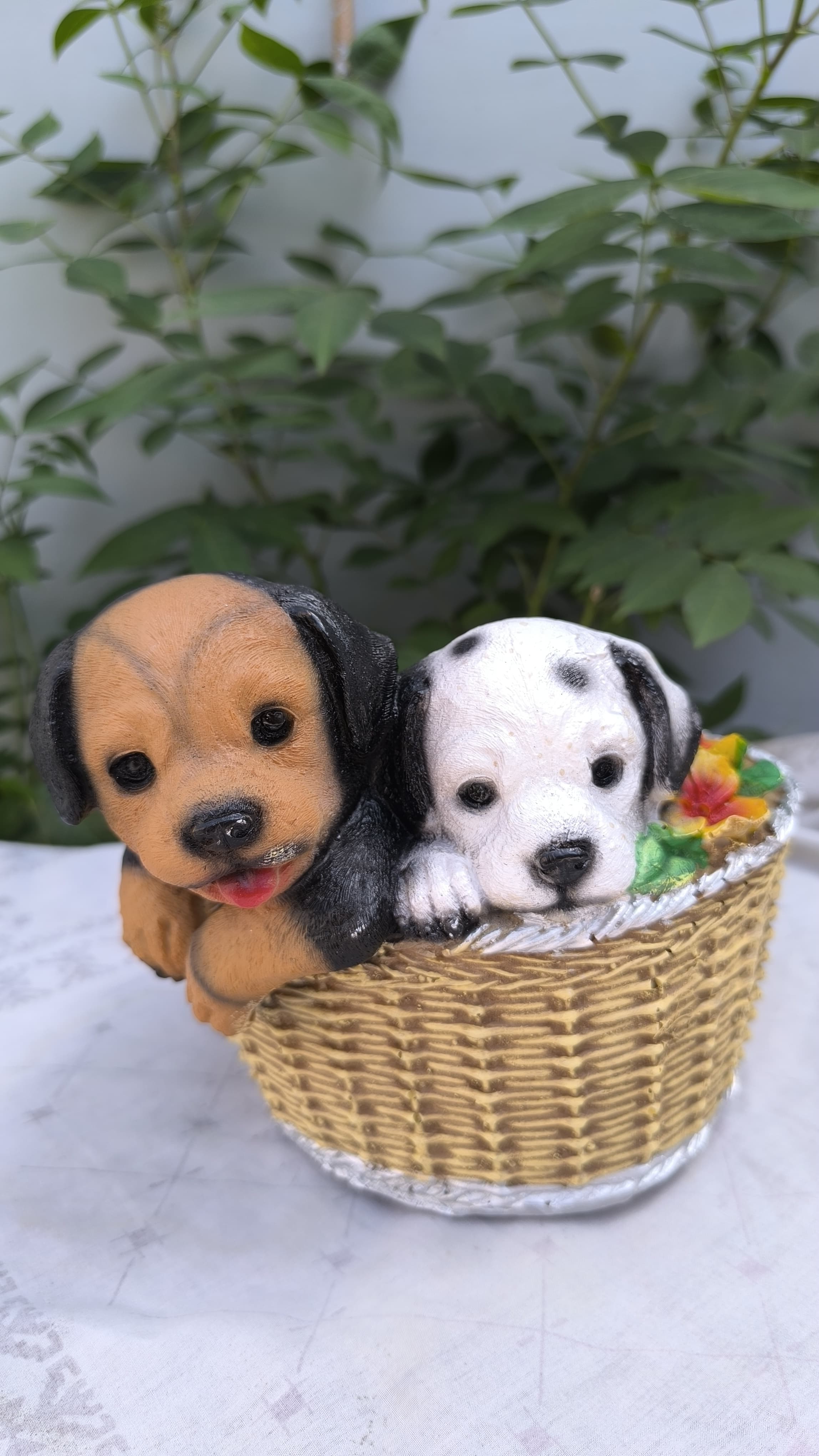 7 Inch Resin Cute 2 Puppy in Basket Showpiece | Dog Statue for Home Decors, Kids Room & Gift | Animal Figurine