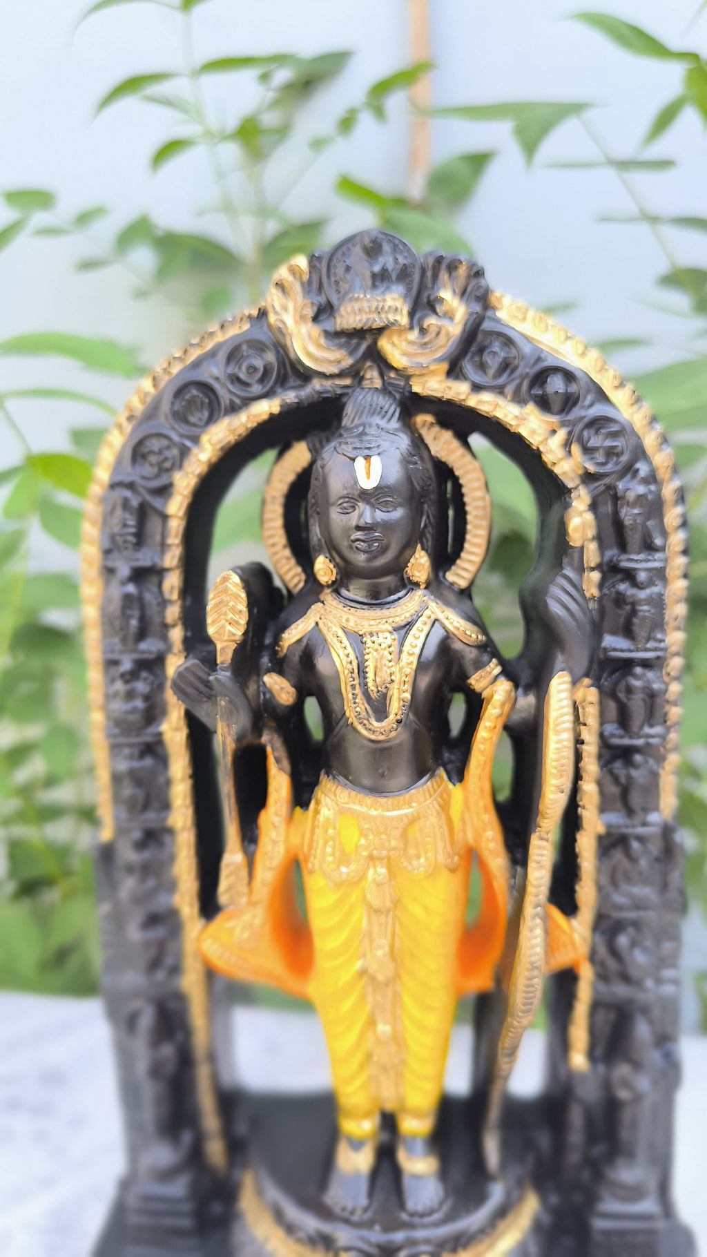 13 Inch Lord Ram Idol with Arch Temple Stand | Black-Golden Resin statue for Home, Pooja, Gift & Decors