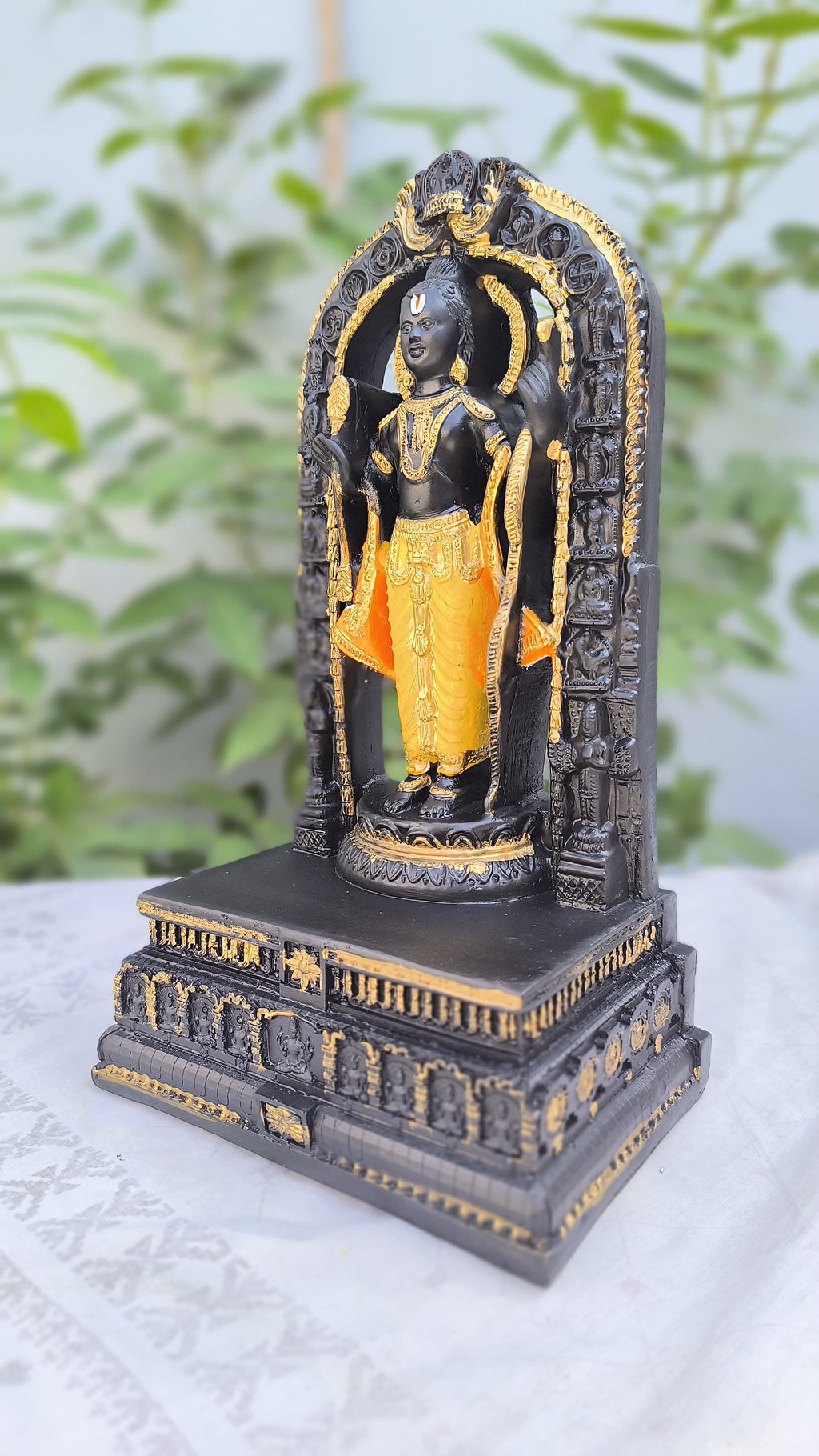 13 Inch Lord Ram Idol with Arch Temple Stand | Black-Golden Resin statue for Home, Pooja, Gift & Decors