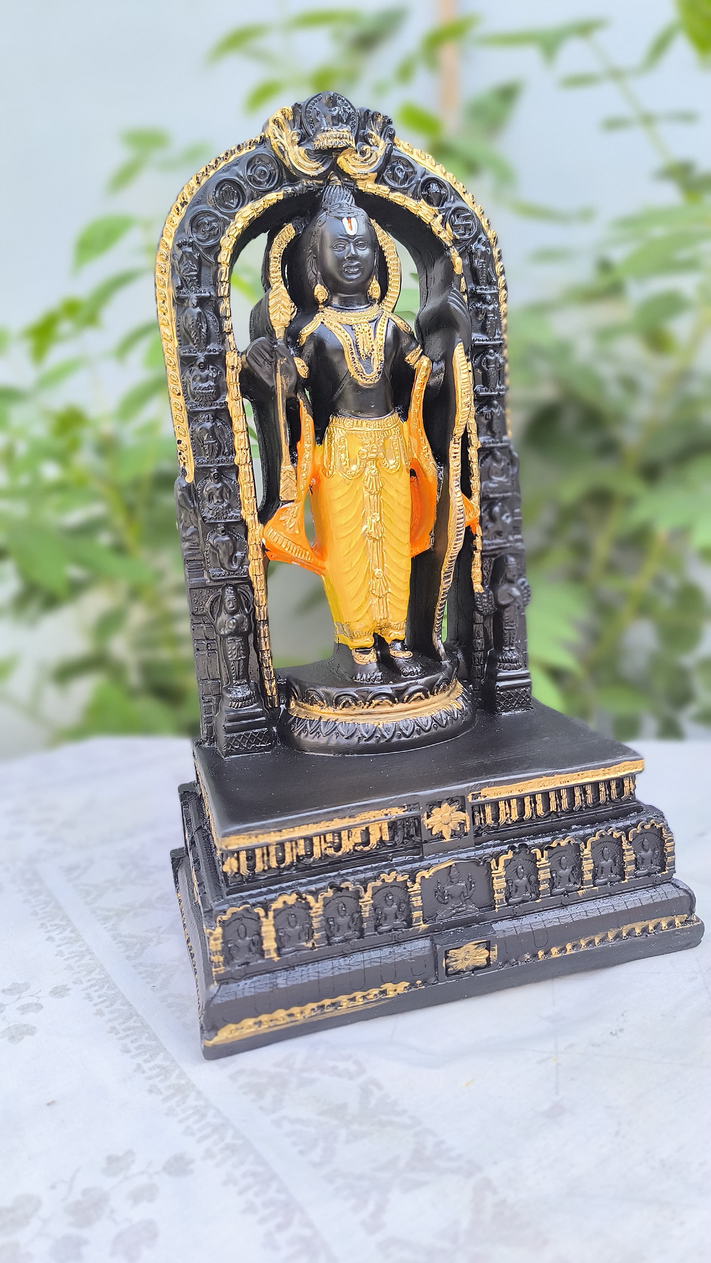 13 Inch Lord Ram Idol with Arch Temple Stand | Black-Golden Resin statue for Home, Pooja, Gift & Decors