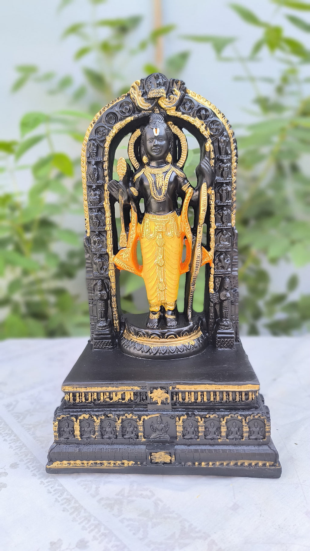 13 Inch Lord Ram Idol with Arch Temple Stand | Black-Golden Resin statue for Home, Pooja, Gift & Decors