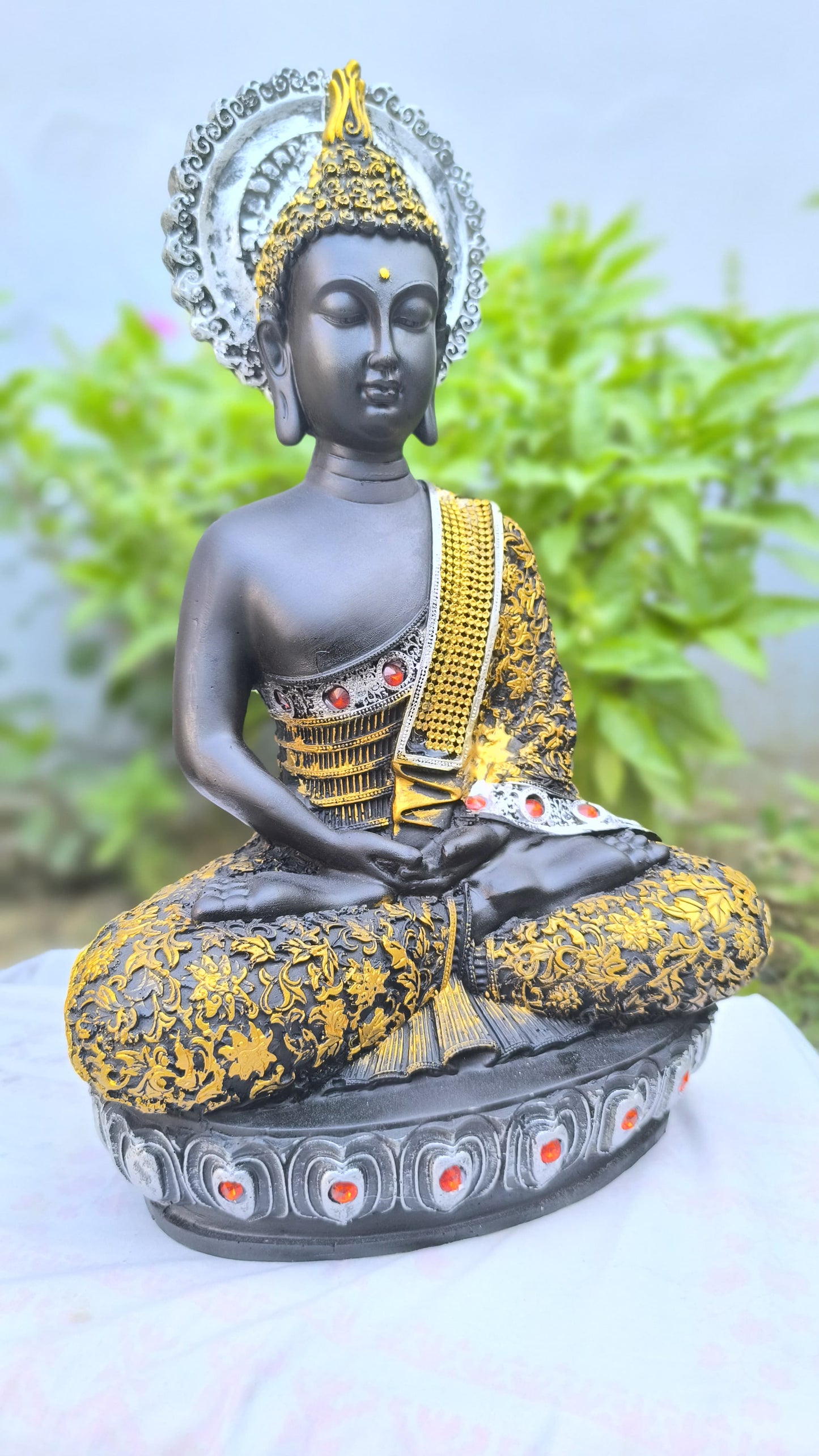 16 Inch Buddha Idol in Black & Gold for Home Decor | Resin Meditating Buddha Statue for Peace, Vastu & Gifting