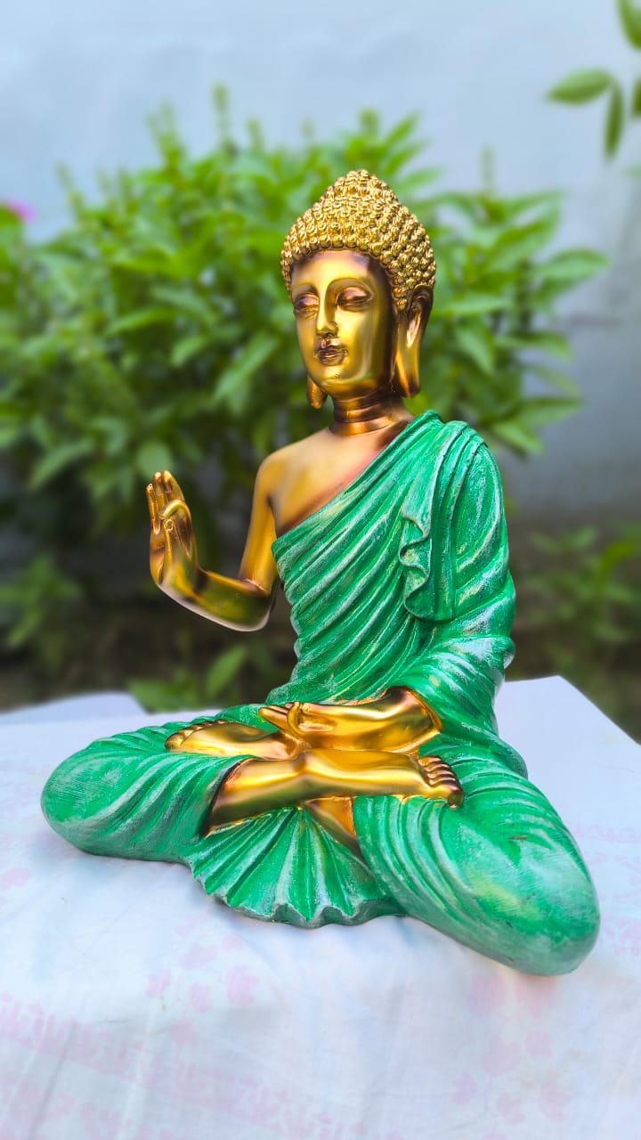 10 Inch Resin Blessing Buddha Idol | Golden Green Buddha Statue for Home Decor, Office & Meditation Corner | Spiritual Showpiece for Gift