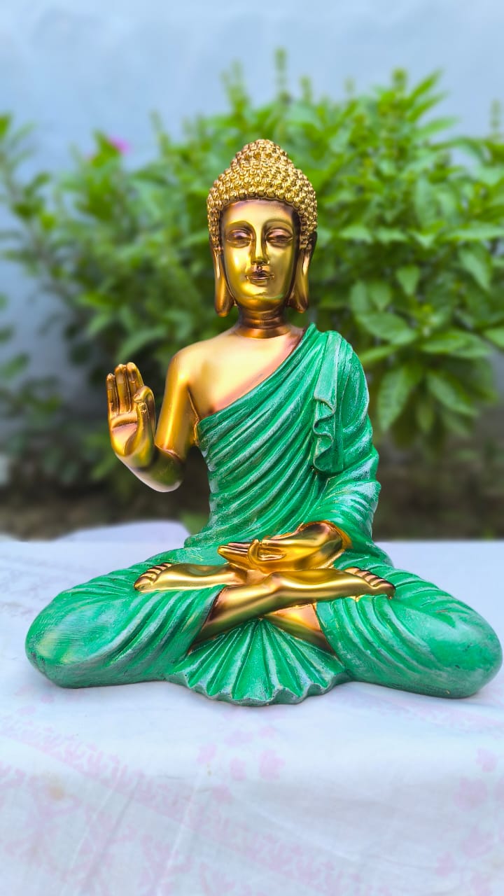 10 Inch Resin Blessing Buddha Idol | Golden Green Buddha Statue for Home Decors, Office | Spiritual Showpiece for Gift
