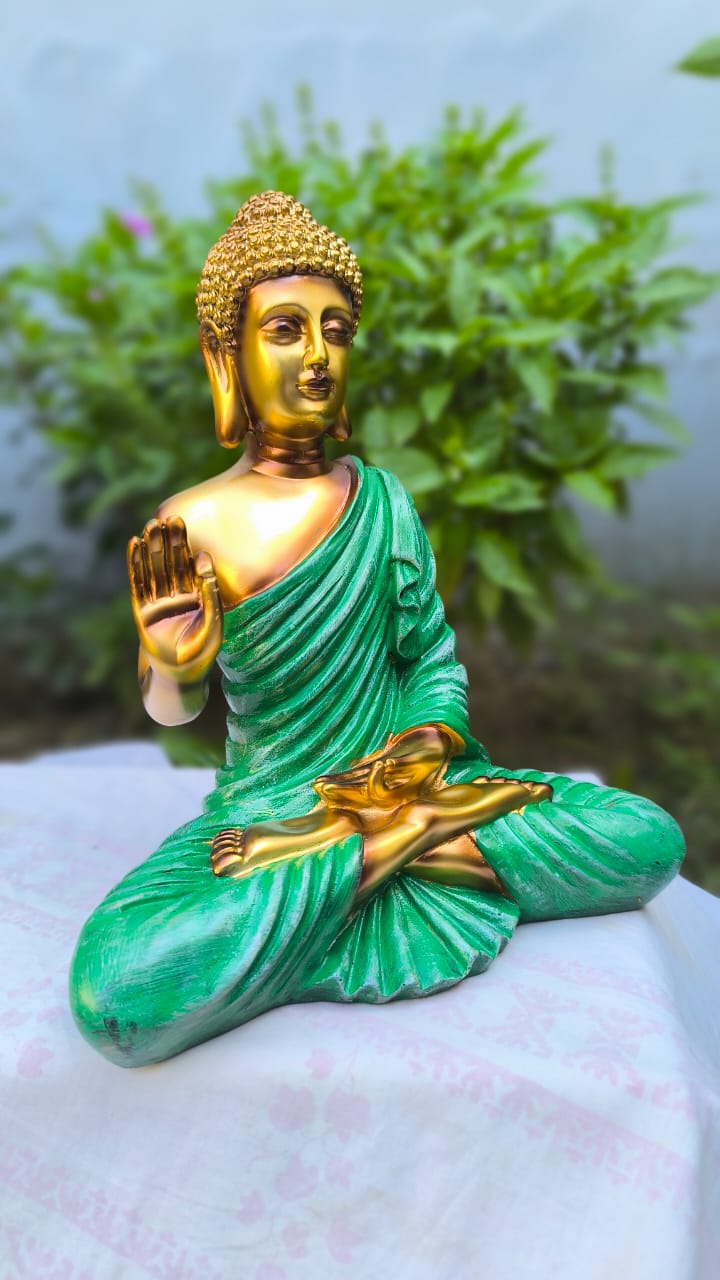 10 Inch Resin Blessing Buddha Idol | Golden Green Buddha Statue for Home Decors, Office | Spiritual Showpiece for Gift
