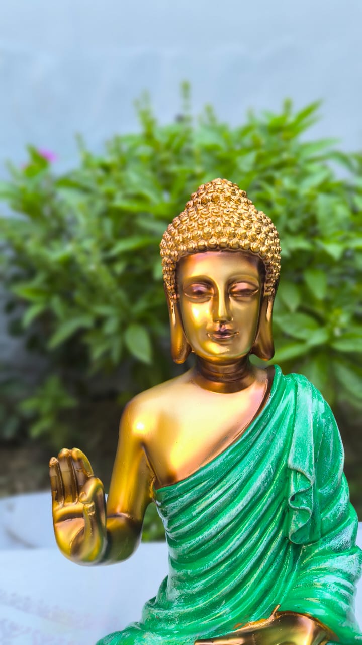 10 Inch Resin Blessing Buddha Idol | Golden Green Buddha Statue for Home Decors, Office | Spiritual Showpiece for Gift
