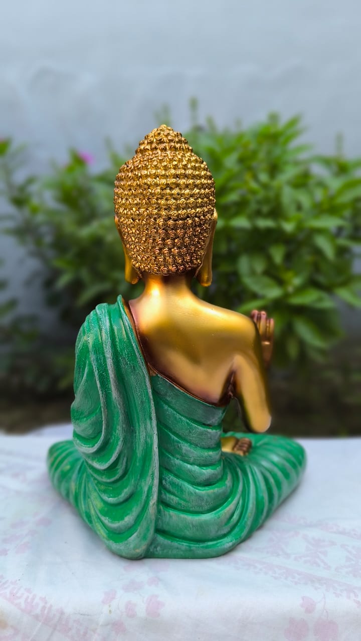 10 Inch Resin Blessing Buddha Idol | Golden Green Buddha Statue for Home Decors, Office | Spiritual Showpiece for Gift