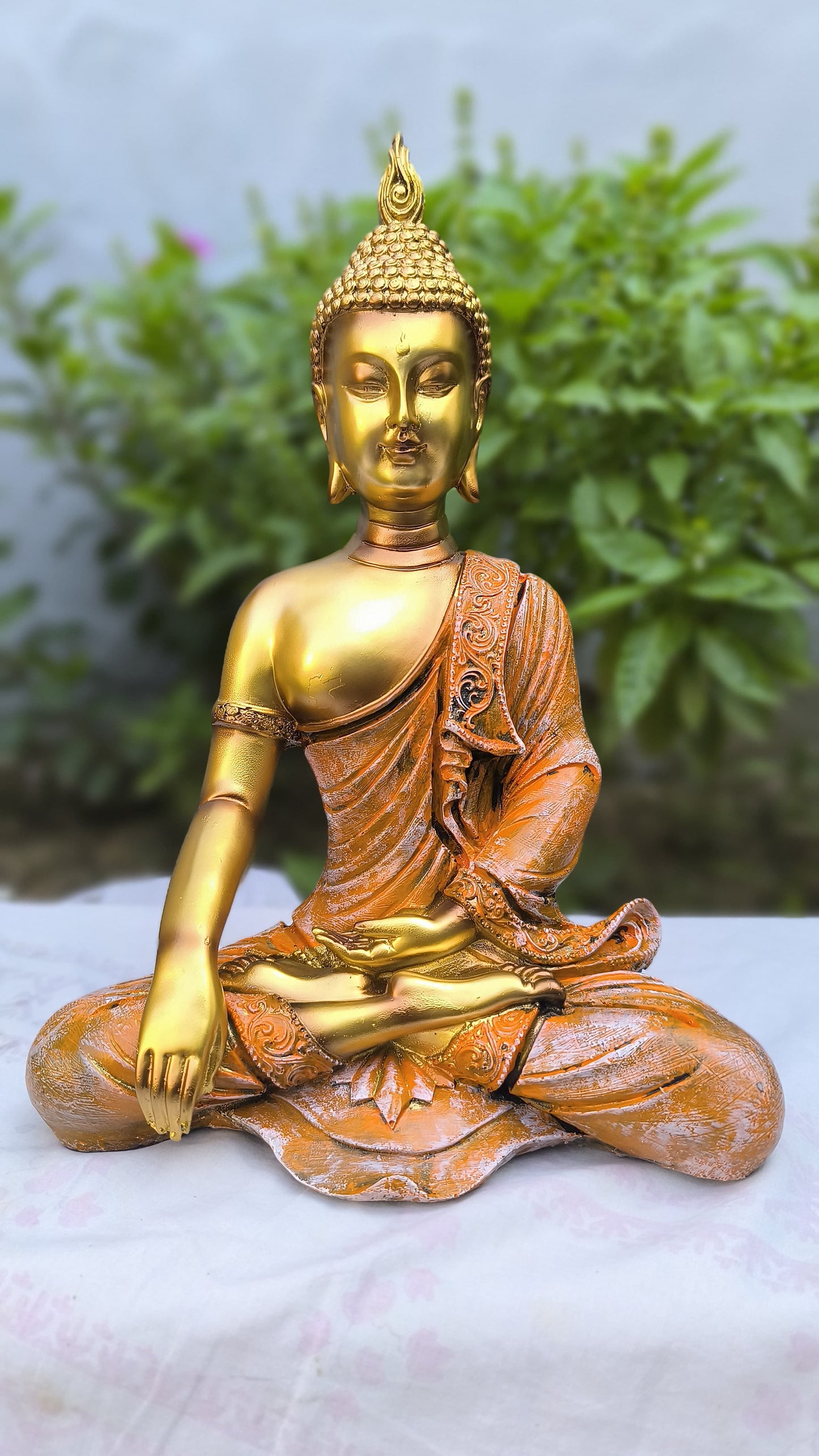 13 Inch Golden Orange Resin Buddha Idol | Meditating Gautam Buddha Statue for Home, Temple & Gift Decoration