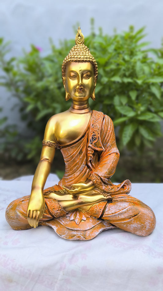 13 Inch Golden Orange Resin Buddha Idol | Meditating Gautam Buddha Statue for Home, Temple & Gift Decoration