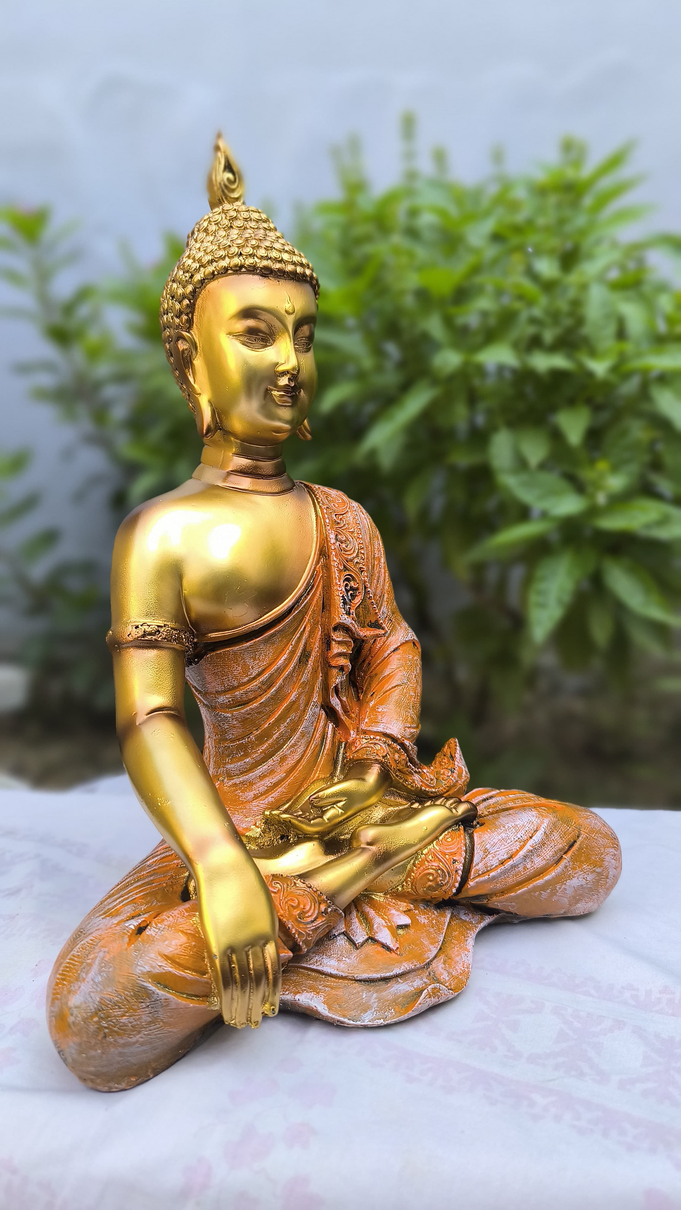 13 Inch Golden Orange Resin Buddha Idol | Meditating Gautam Buddha Statue for Home, Temple & Gift Decoration
