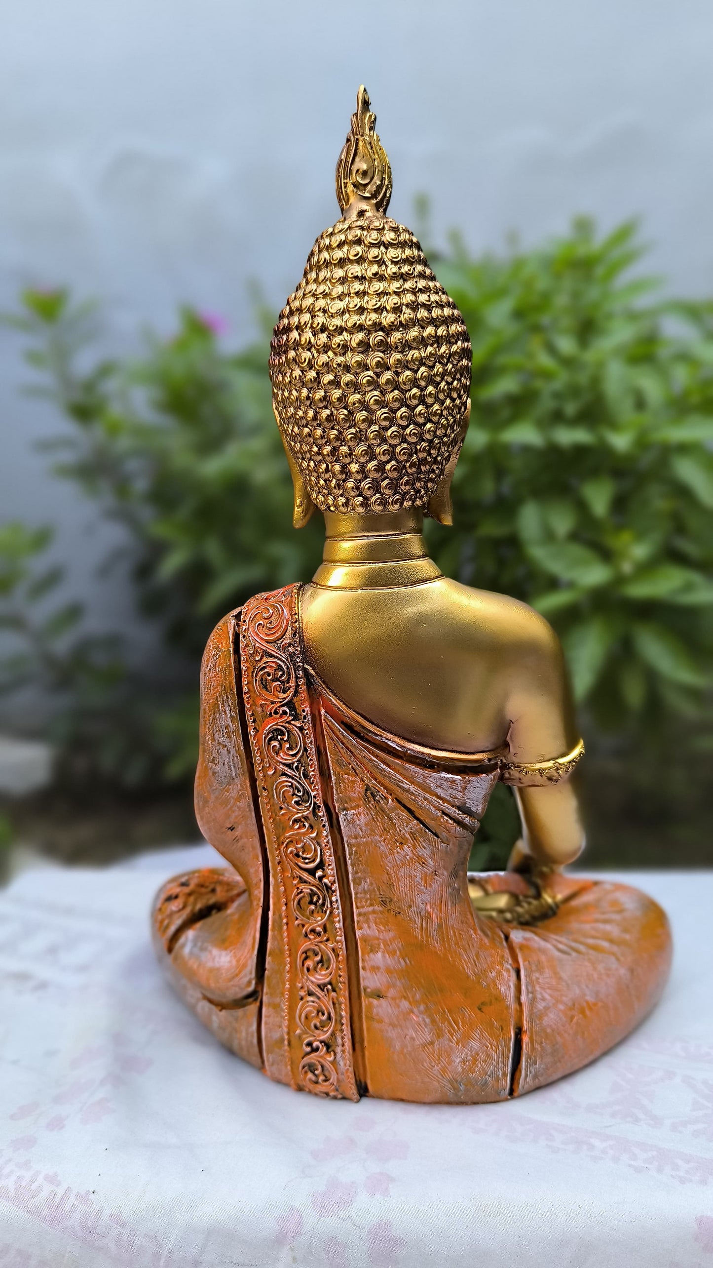 13 Inch Golden Orange Resin Buddha Idol | Meditating Gautam Buddha Statue for Home, Temple & Gift Decoration