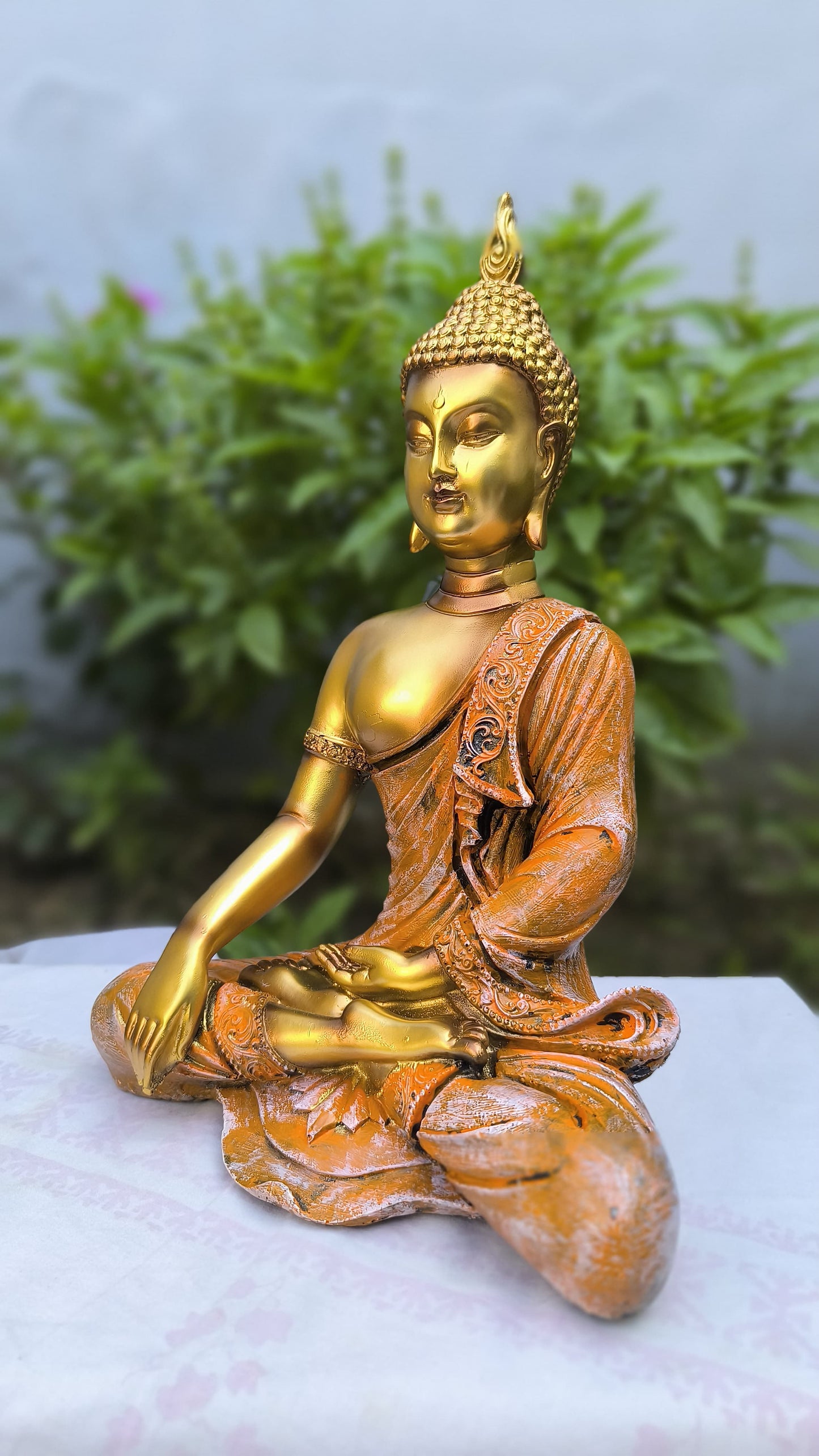 13 Inch Golden Orange Resin Buddha Idol | Meditating Gautam Buddha Statue for Home, Temple & Gift Decoration