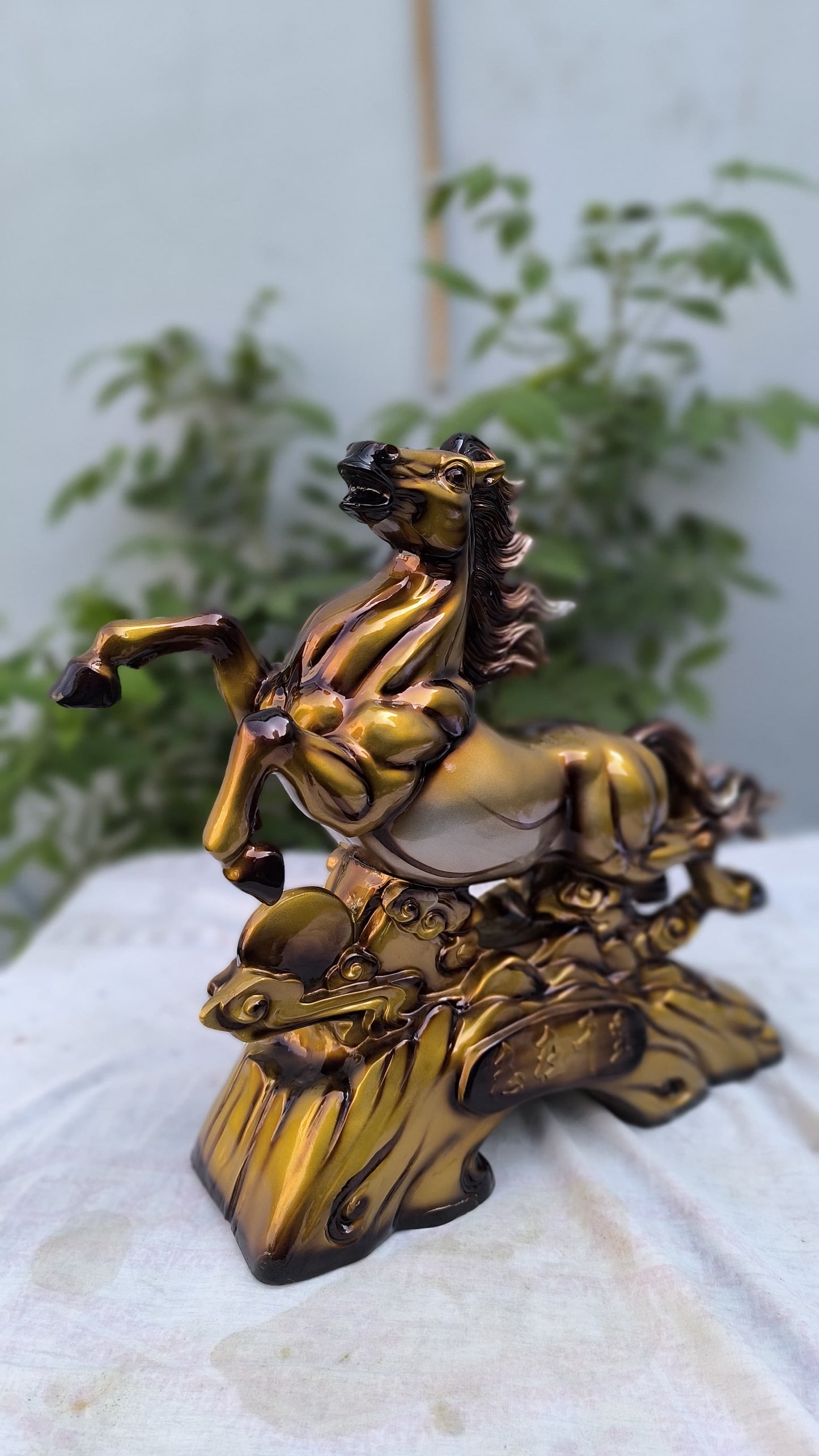 16 Inch Golden Horse Statue for Home Decor | Running Horse Showpiece for Wealth, Success & Feng Shui