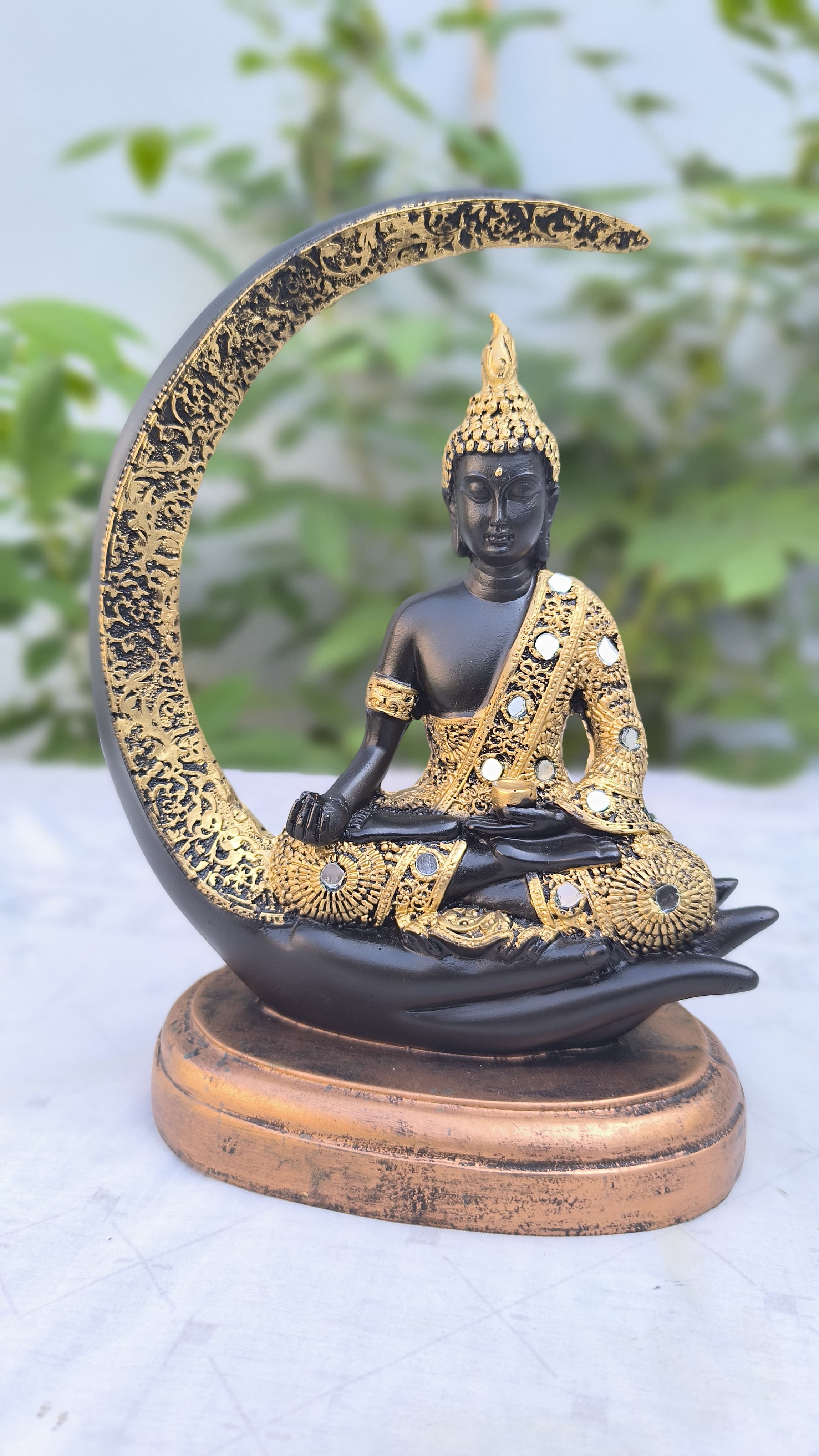 10 Inch Resin Ardh Chand Buddha Idol | Crescent Moon Statue for Home Decors & Gift | Black & Golden Buddha Showpiece
