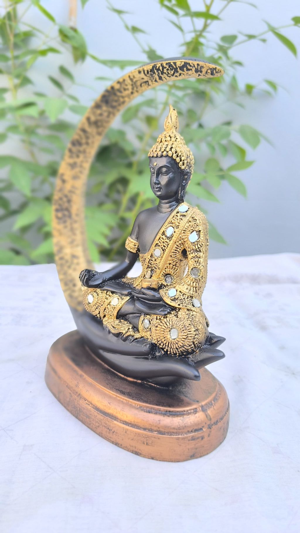 10 Inch Resin Ardh Chand Buddha Idol | Crescent Moon Statue for Home Decors & Gift | Black & Golden Buddha Showpiece