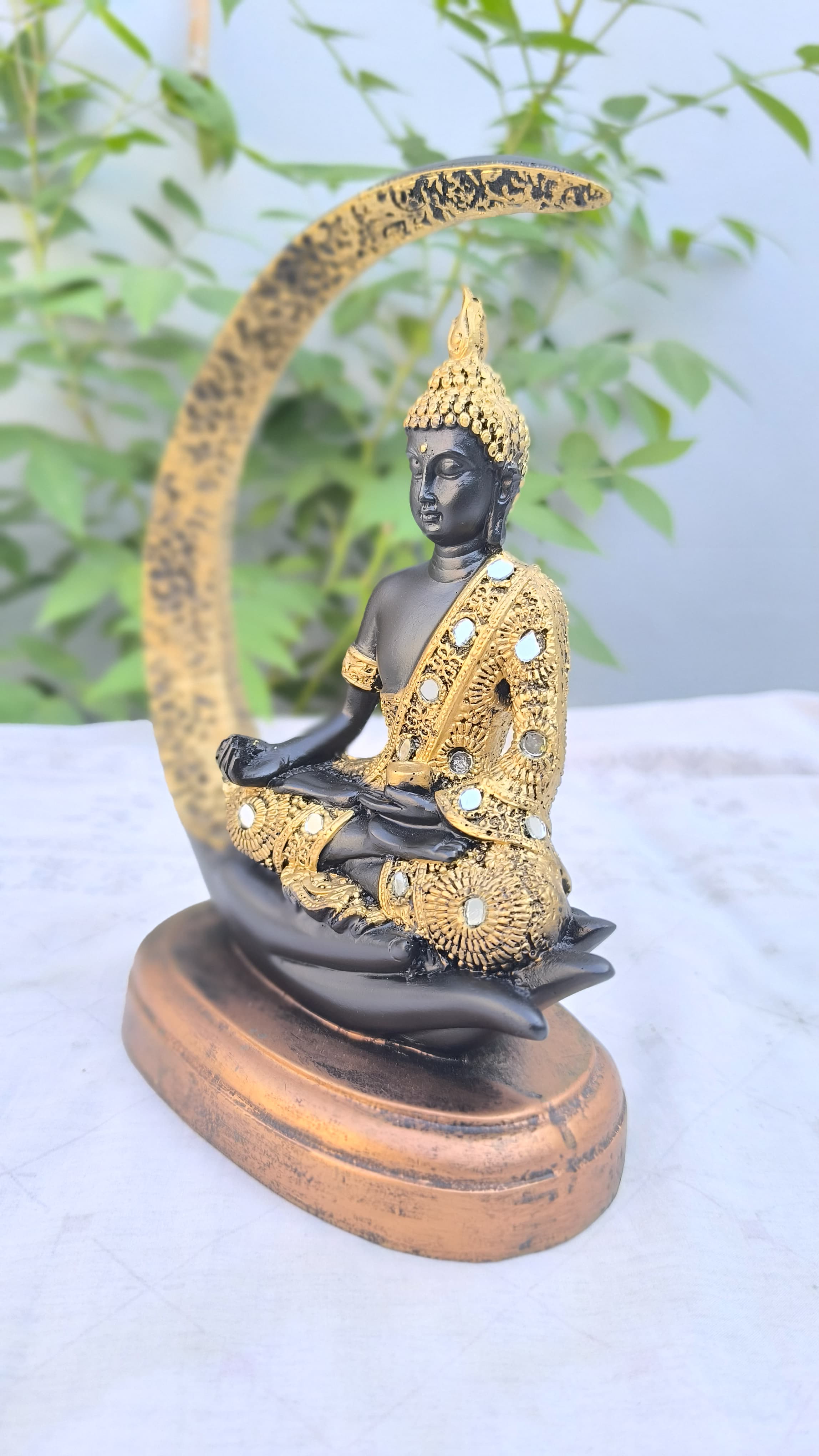 10 Inch Resin Ardh Chand Buddha Idol | Crescent Moon Statue for Home Decors & Gift | Black & Golden Buddha Showpiece