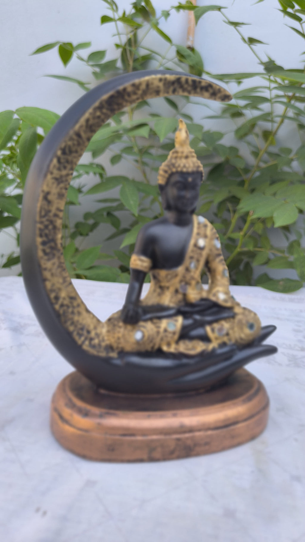 10 Inch Resin Ardh Chand Buddha Idol | Crescent Moon Statue for Home Decors & Gift | Black & Golden Buddha Showpiece