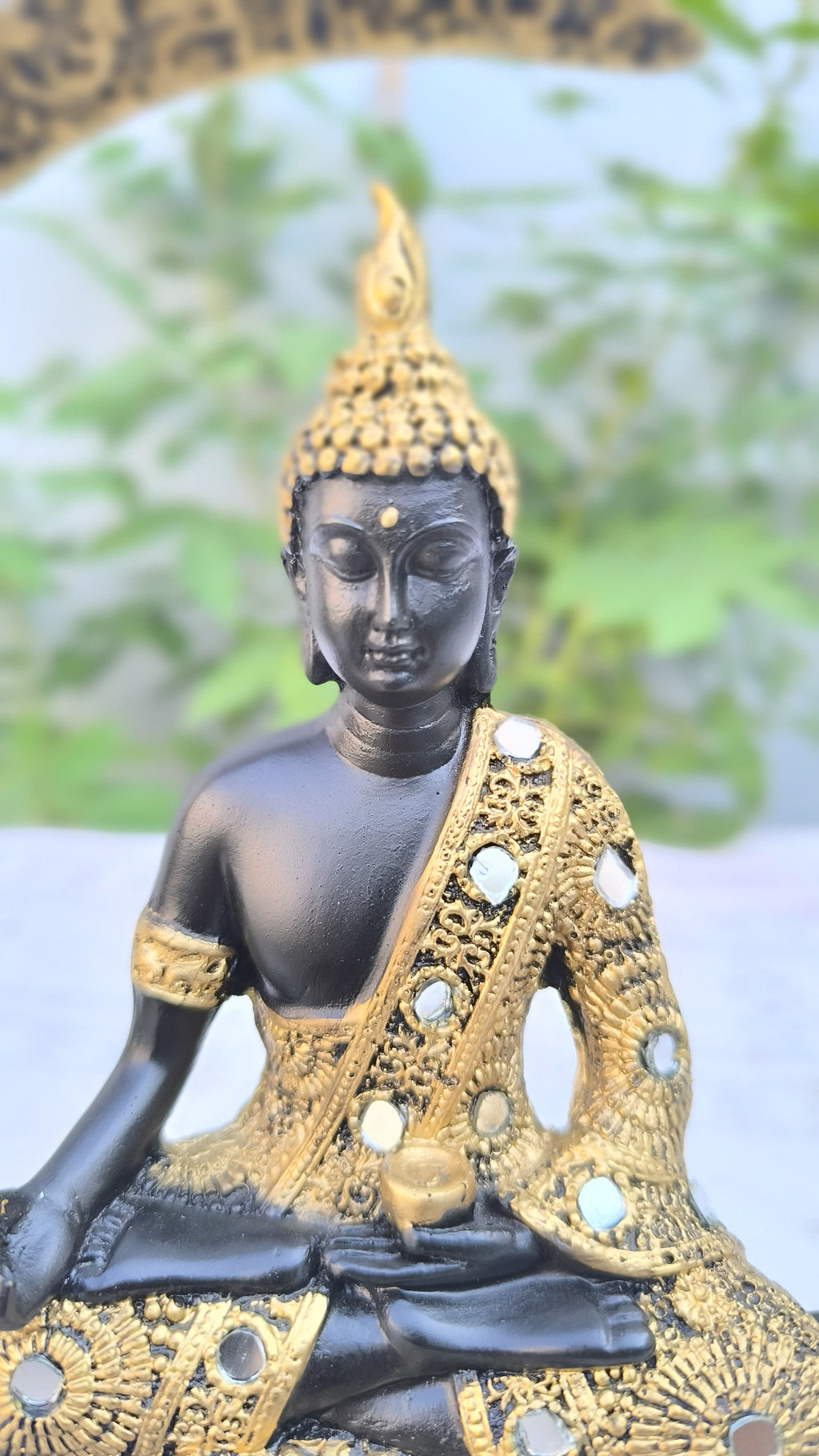 10 Inch Resin Ardh Chand Buddha Idol | Crescent Moon Statue for Home Decors & Gift | Black & Golden Buddha Showpiece