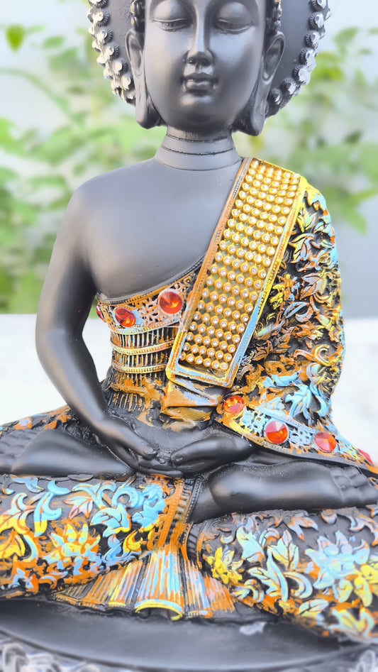 12 Inch Designer Black Buddha Idol | Multicolor Decorative Gautam Buddha Statue for Home & Office Décor