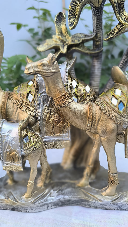14 Inch 3 Camel Showpiece with Palm Tree | Golden Silver Resin Desert Decor Statue for Home, Office & Gifting