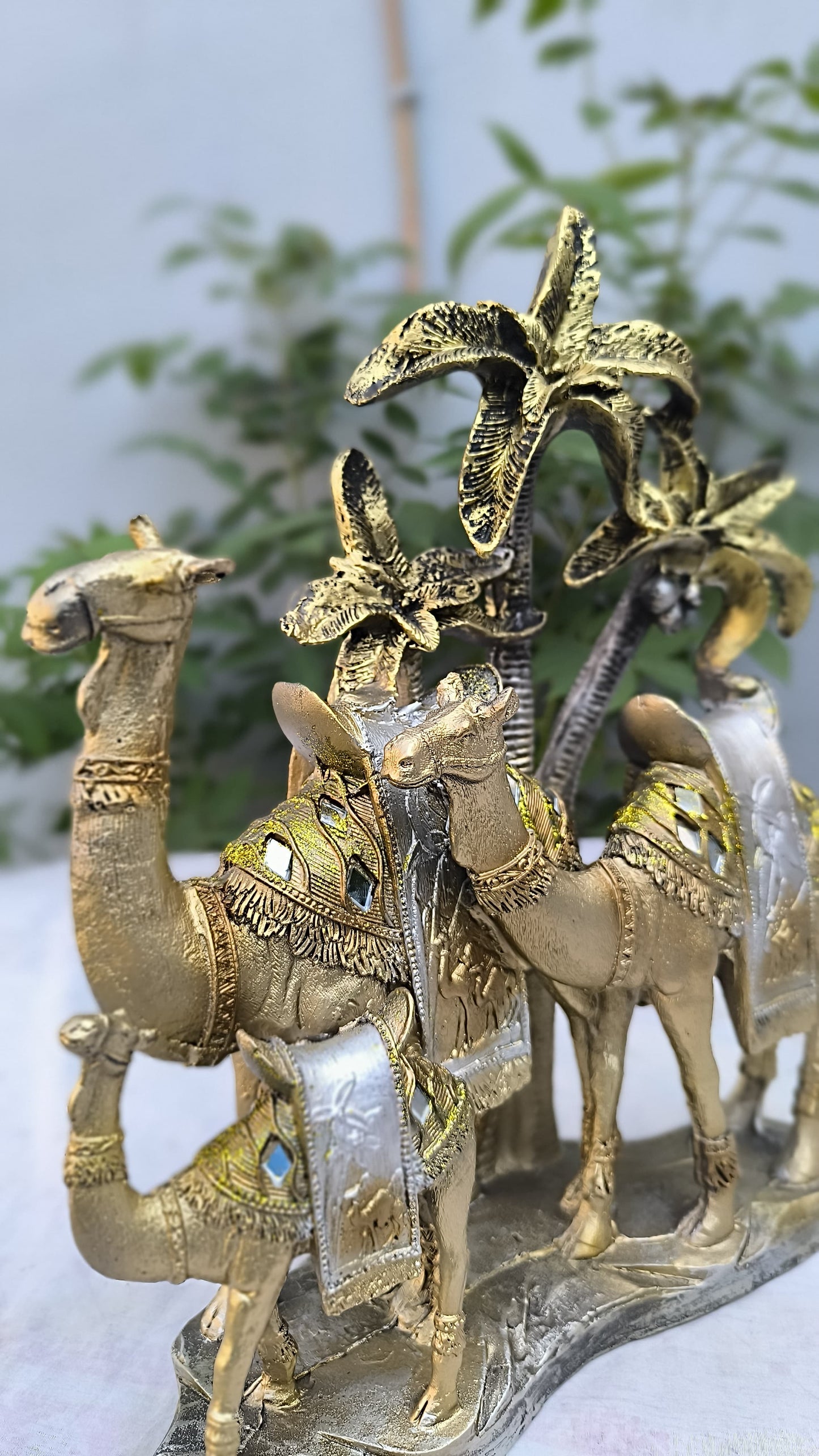 14 Inch 3 Camel Showpiece with Palm Tree | Golden Silver Resin Desert Decor Statue for Home, Office & Gifting