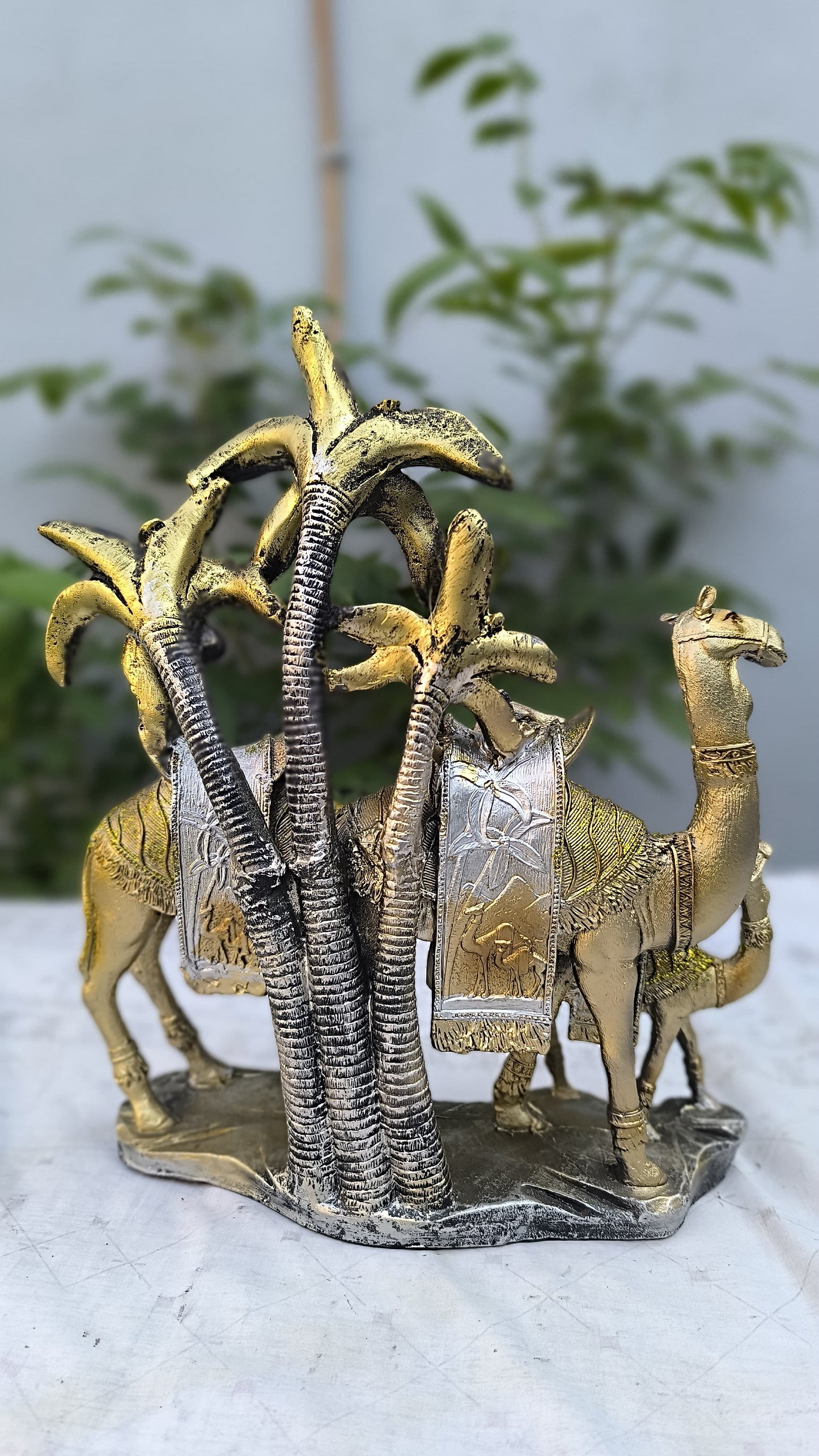 14 Inch 3 Camel Showpiece with Palm Tree | Golden Silver Resin Desert Decor Statue for Home, Office & Gifting