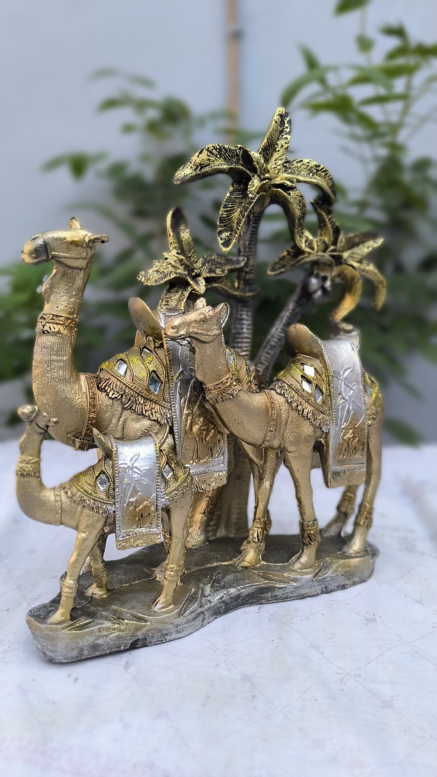 14 Inch 3 Camel Showpiece with Palm Tree | Golden Silver Resin Desert Decor Statue for Home, Office & Gifting