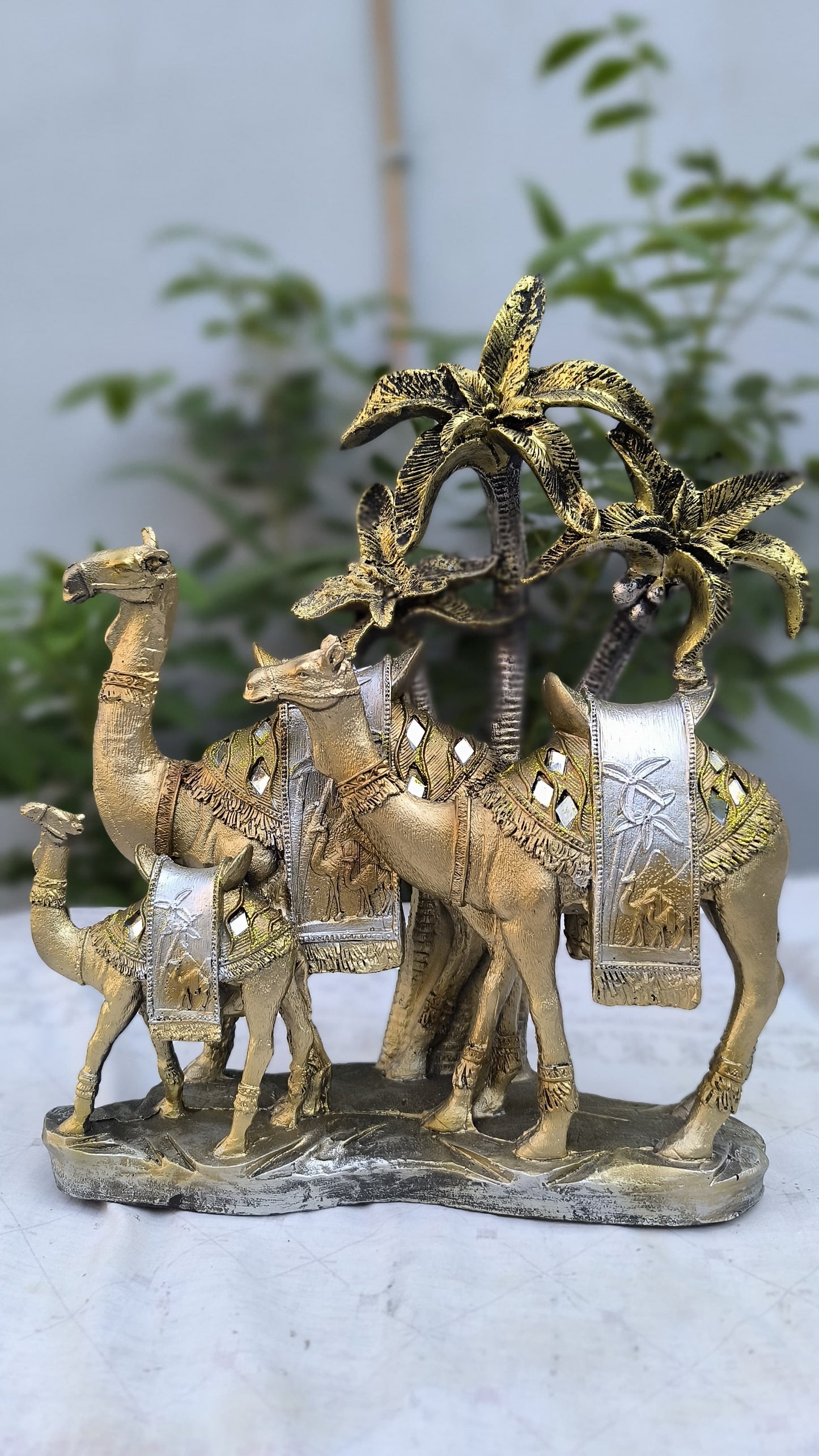 14 Inch 3 Camel Showpiece with Palm Tree | Golden Silver Resin Desert Decor Statue for Home, Office & Gifting