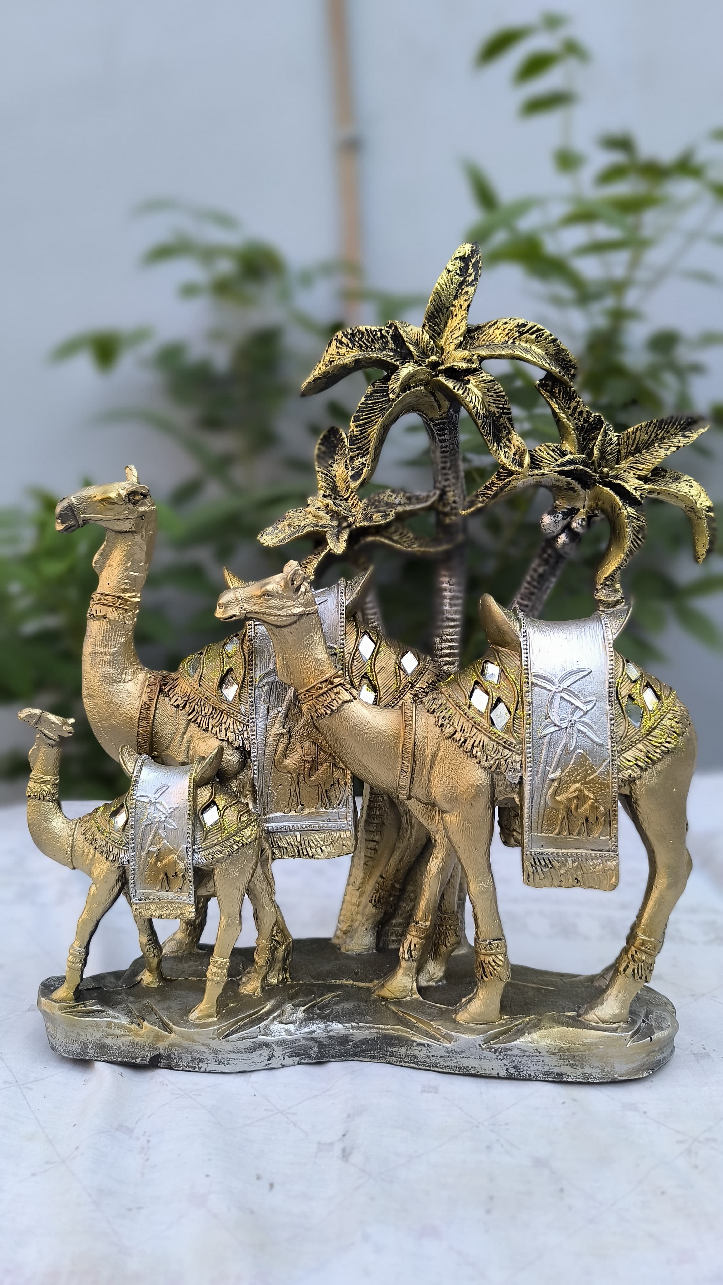 14 Inch 3 Camel Showpiece with Palm Tree | Golden Silver Resin  Decors Statue for Home, Office & Gifting |