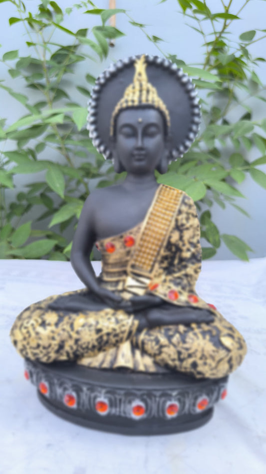 10 Inch Resin Meditating Buddha Idol for Home Decor | Black & Golden Buddha Statue for Office, Mandir & Gift Purpose