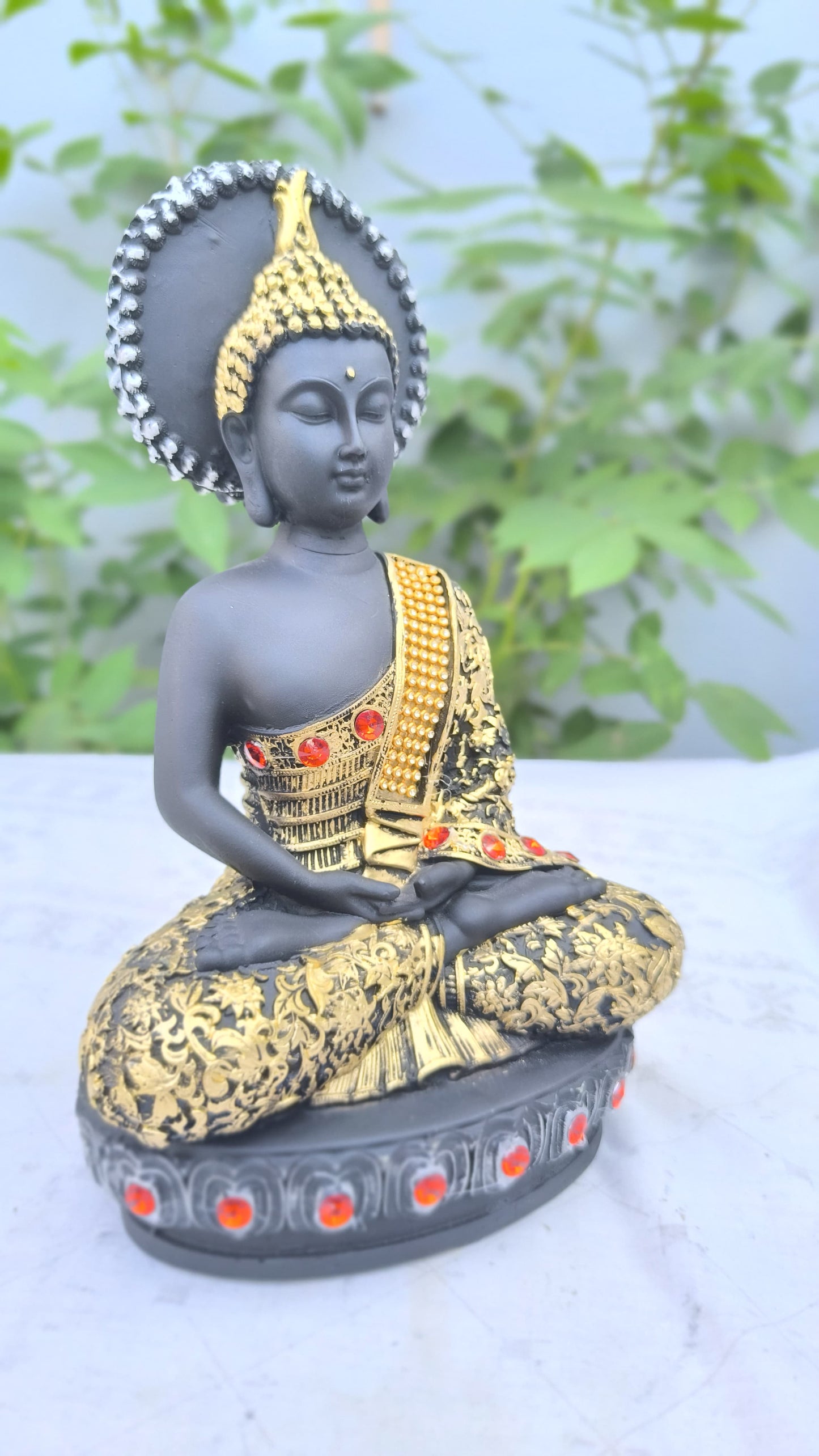 10 Inch Resin Meditating Buddha Idol for Home Decor | Black & Golden Buddha Statue for Office, Mandir & Gift Purpose